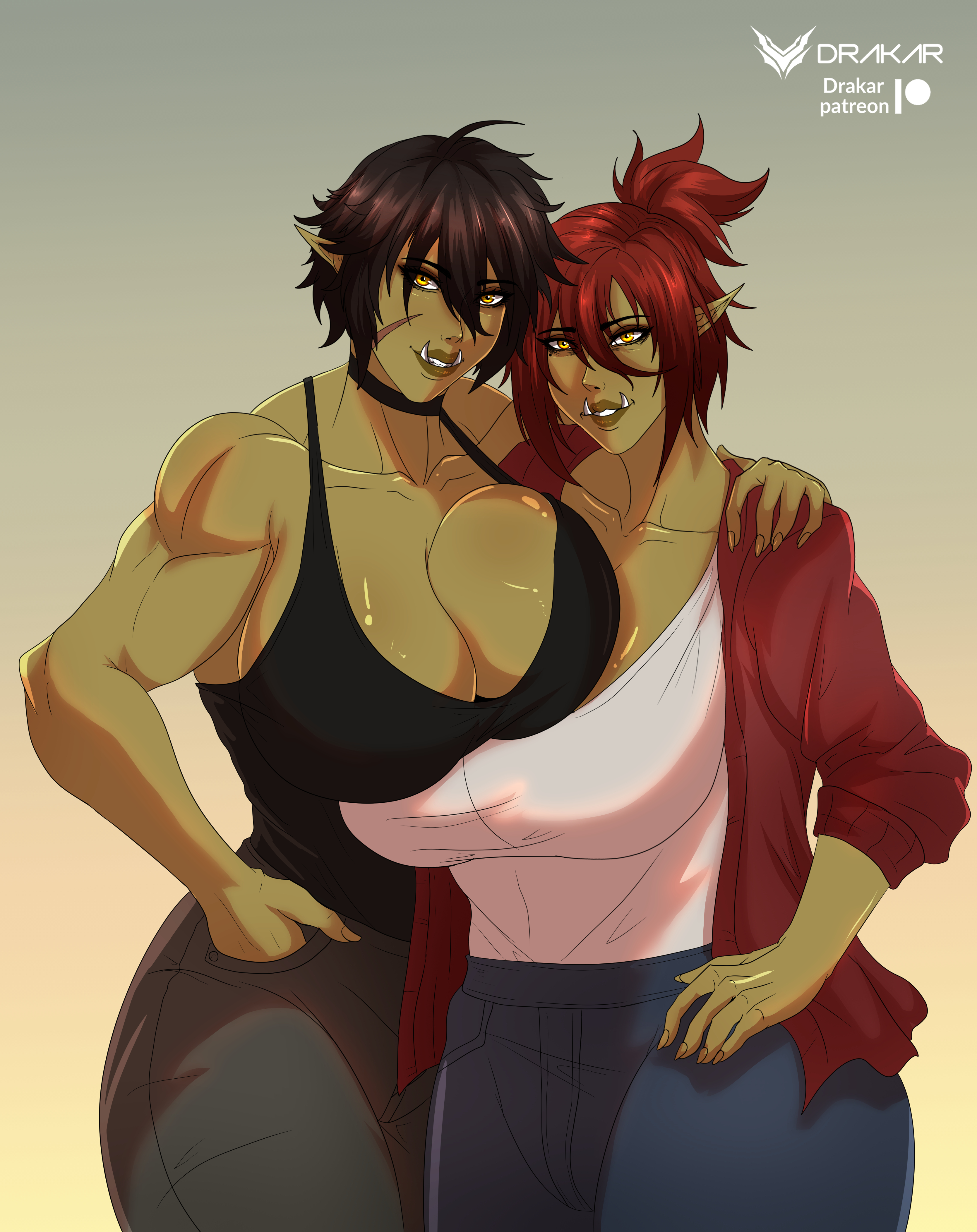 2023, 2girls, absurd res, big breasts, black hair, cleavage, dialogue, drakar, english text, fangs, female, female only, green skin, hand in pocket, hand on shoulder, huge breasts, kaylin (drakar), looking at viewer, milf, mother and daughter, muscular, muscular female, orc, orc female, original, pointy ears, red hair, scar, scar on cheek, smiling, smiling at viewer, speech bubble, thick thighs, yellow eyes, zargrith (drakar)