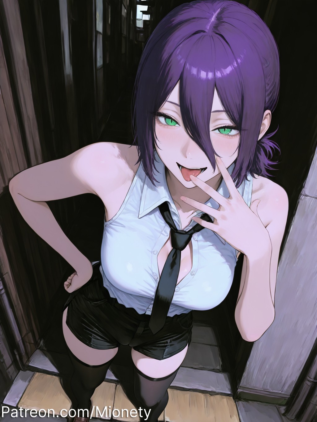 ai generated, artist name, bare arms, bare shoulders, black hair, black necktie, black shorts, black thighhighs, blush, breasts, button gap, chainsaw man, cigarette, cleavage, collared shirt, doorway, female, from above, green eyes, grenade pin, hair between eyes, hair bun, hand on own hip, hand up, indoors, looking at viewer, medium breasts, medium hair, mionety, necktie, office lady, open mouth, oral invitation, patreon username, purple hair, reze (chainsaw man), saliva, shirt, shirt tucked in, short hair, short ponytail, short shorts, shorts, single hair bun, sleeveless, sleeveless shirt, smile, solo, standing, teeth, thighhighs, tile floor, tongue, tongue out, web address, white shirt