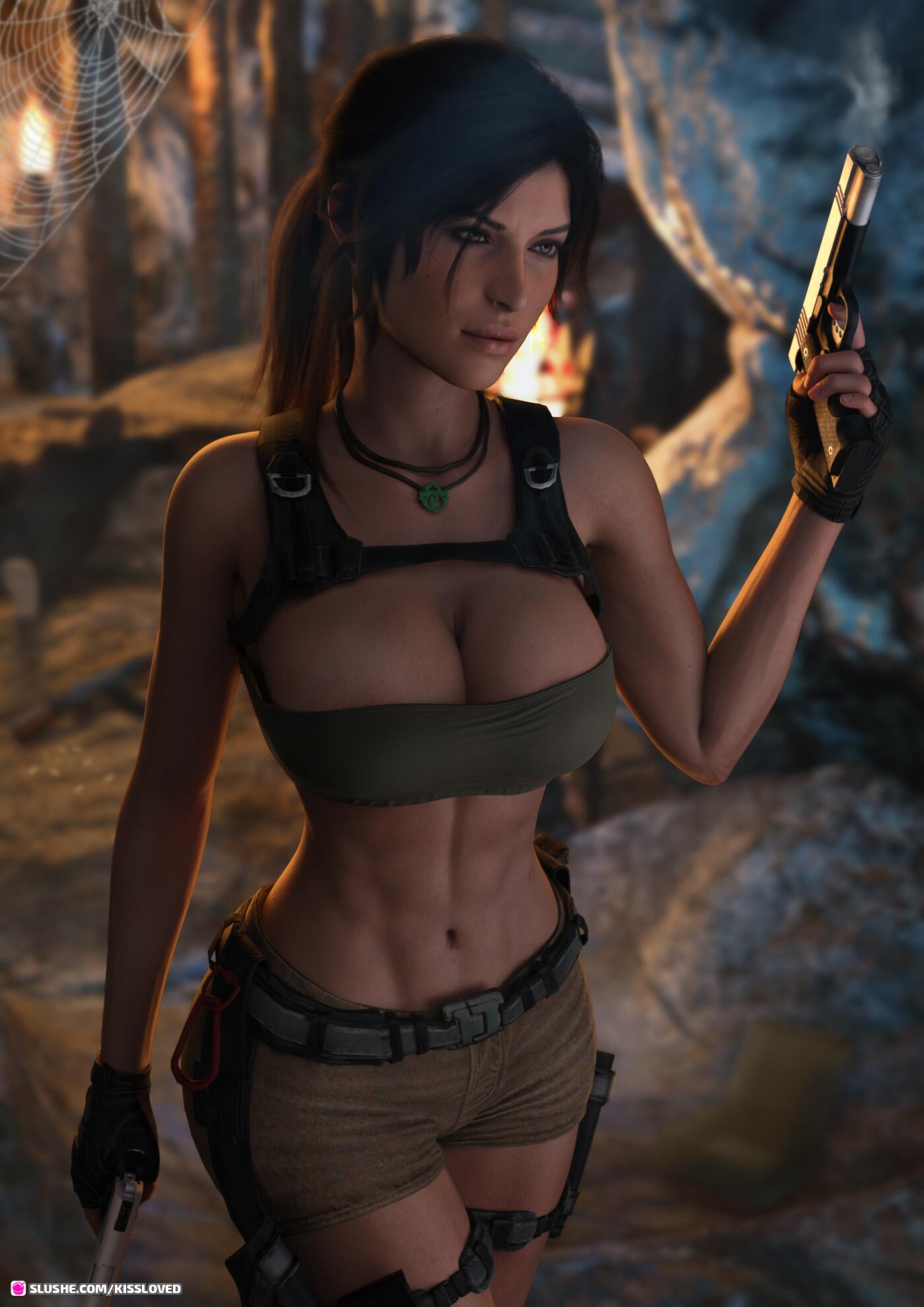 1girls, 3d, abs, athletic female, bolt on tits, breast implants, busty, enhanced breasts, fake breasts, female, female focus, female only, fit female, full lips, hourglass figure, human, human female, kissloved, lara croft, lara croft (survivor), large breasts, light-skinned female, long hair, mature female, muscular female, navel, ponytail, silicone, silicone implants, slim waist, tagme, tomb raider, tomb raider (survivor), wide hips