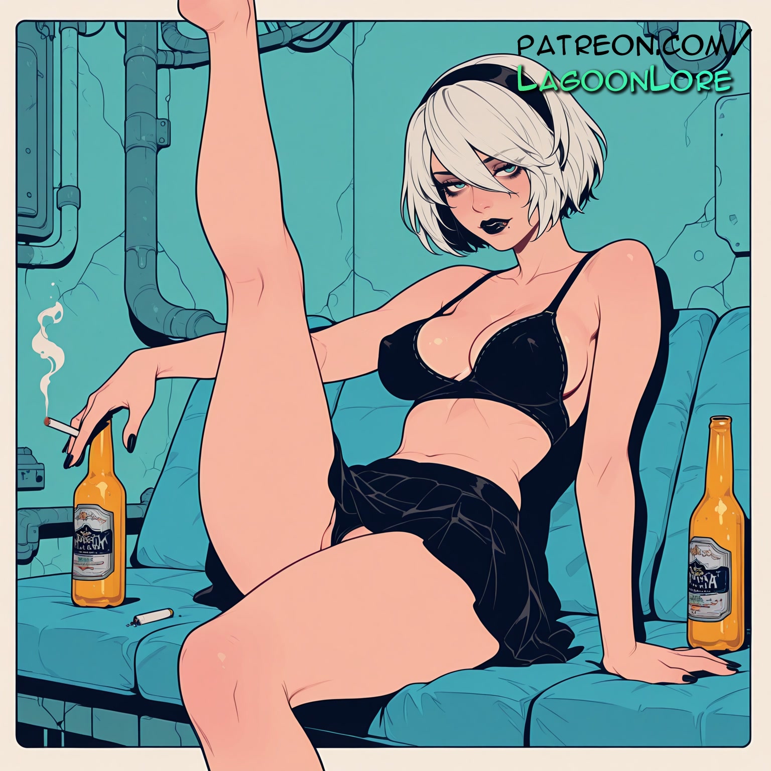 ai generated, alcohol, aqua nails, artist name, average breasts, barefoot, beer, beer can, black hairband, black nails, blue nails, bottle, bra, brand name imitation, breasts, bust, can, chest, cigarette, coca-cola, disposable cup, drink, drinking straw, drunk, energy drink, female, green nails, hairband, hi res, highres, holding bottle, holding can, lagoonlore, lube, makeup, medium breasts, mole under mouth, monster energy, nail polish, nier: automata, normal breasts, patreon, patreon username, product placement, short hair, sitting, skirt, soda, soda can, underwear, water bottle, watermark, whiskey, yorha 2b