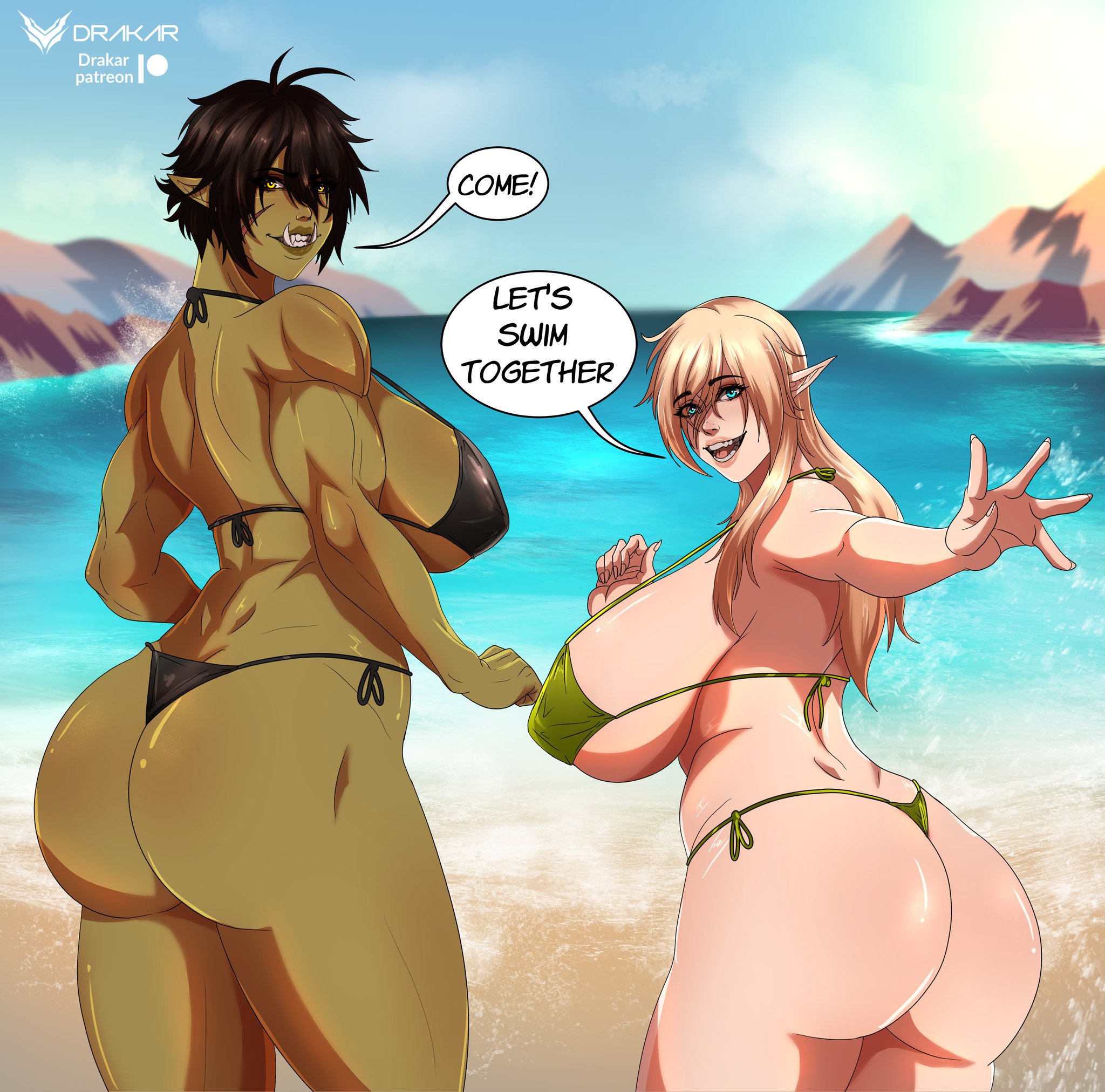 2023, 2girls, ass, beach, big ass, big breasts, bikini, black bikini, black hair, blonde hair, blue eyes, detailed background, dialogue, drakar, elf, elf ears, elf female, english text, fangs, female, female only, green bikini, green skin, hi res, huge breasts, light skin, light-skinned female, looking at viewer, looking back, looking back at viewer, lucy (drakar), muscular, muscular female, orc, orc female, original, pointy ears, rear view, round butt, seaside, side-tie bikini, smiling, smiling at viewer, speech bubble, talking to viewer, thick thighs, yellow eyes, zargrith (drakar)