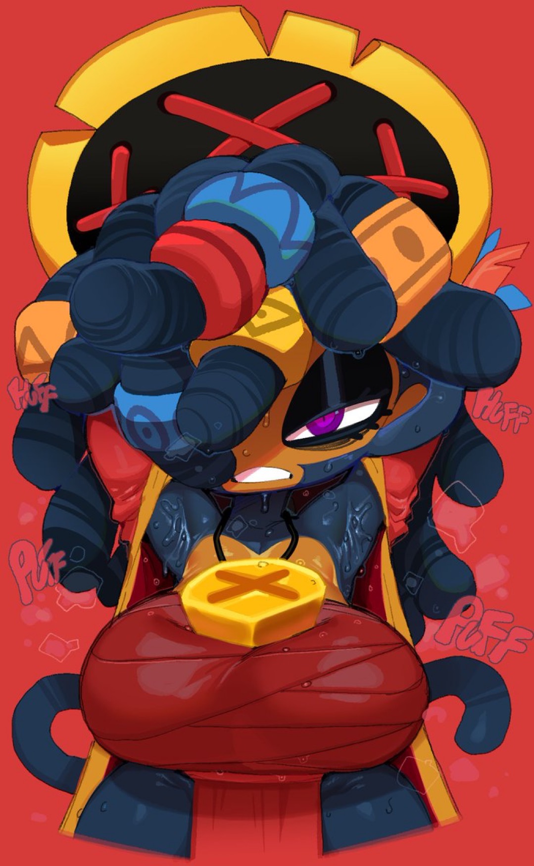 admiral brickell, anthro, anthro only, armpits, bloons td 6, bloons tower defense, clothed, dread pirate brickell, dreadlocks, english text, female, female anthro, female focus, female only, furry, goatboydraws, hair over one eye, huffing, monkey, monkey girl, pirate, pirate girl, primate, purple eyes, red background, sweaty, text, video game character