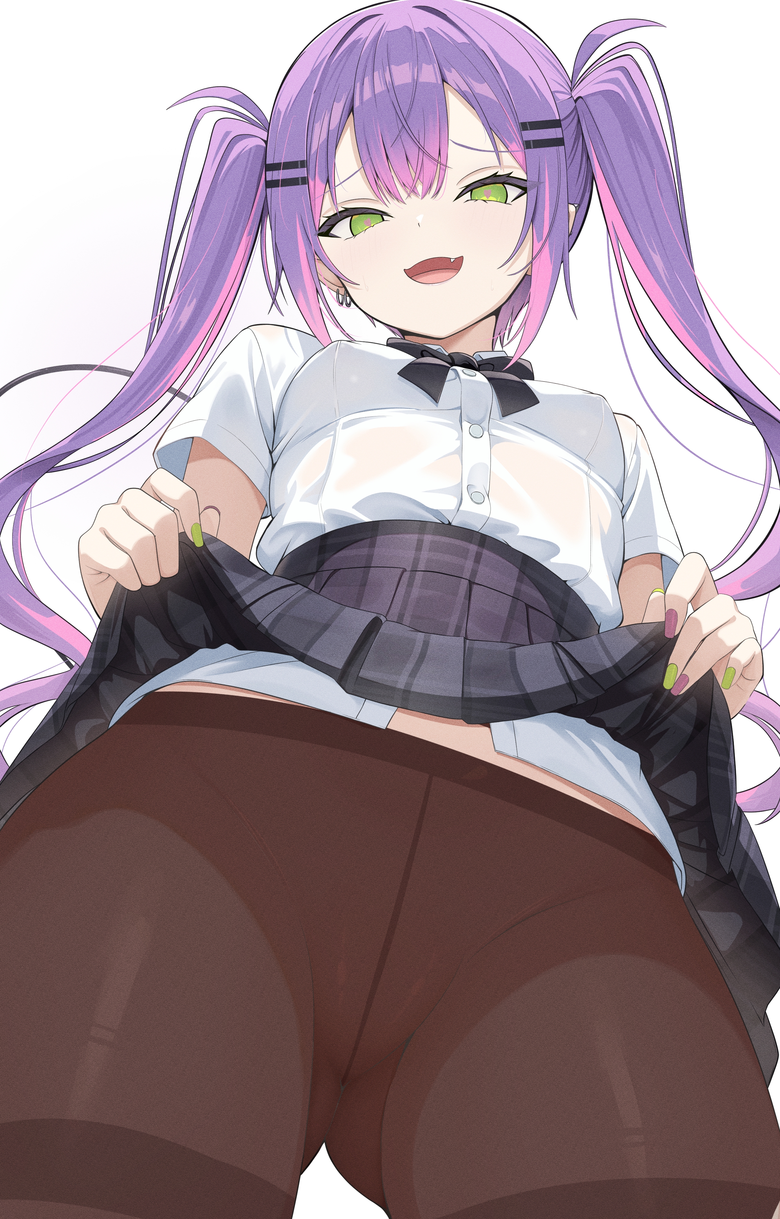 :d, absurdres, alternate costume, black bow, black bowtie, black pantyhose, black skirt, bow, bowtie, breasts, clothes lift, collared shirt, colored inner hair, commentary request, demon girl, demon tail, double-parted bangs, earrings, female, gluteal fold, gradient hair, green eyes, green nails, hair between eyes, hair ornament, hairclip, high-waist skirt, highres, hololive, jewelry, long hair, looking at viewer, miniskirt, multicolored hair, nail polish, nekonosuke, oerba yun fang, open mouth, paid reward available, pantyhose, parallel hairclips, pink hair, plaid clothes, plaid skirt, pleated skirt, pointy ears, purple hair, purple nails, shirt, shirt tucked in, short sleeves, simple background, skirt, skirt lift, small breasts, smile, solo, tail, tokoyami towa, twintails, upskirt, virtual youtuber, white background, white shirt