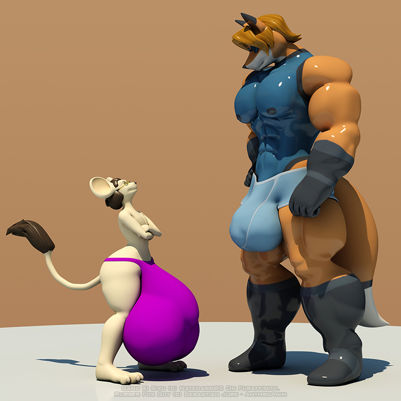 3d anthro anthroanim balls big_balls big_ears bulge canine clothed clothing fox gang_xi_siyu hair huge_balls hyper hyper_balls hyper_penis kangaroo_rat male mammal muscular muscular_male pecs penis rodent rubber_fox_guy simple_background siyu smile speedo standing swimsuit underwear wide_hips