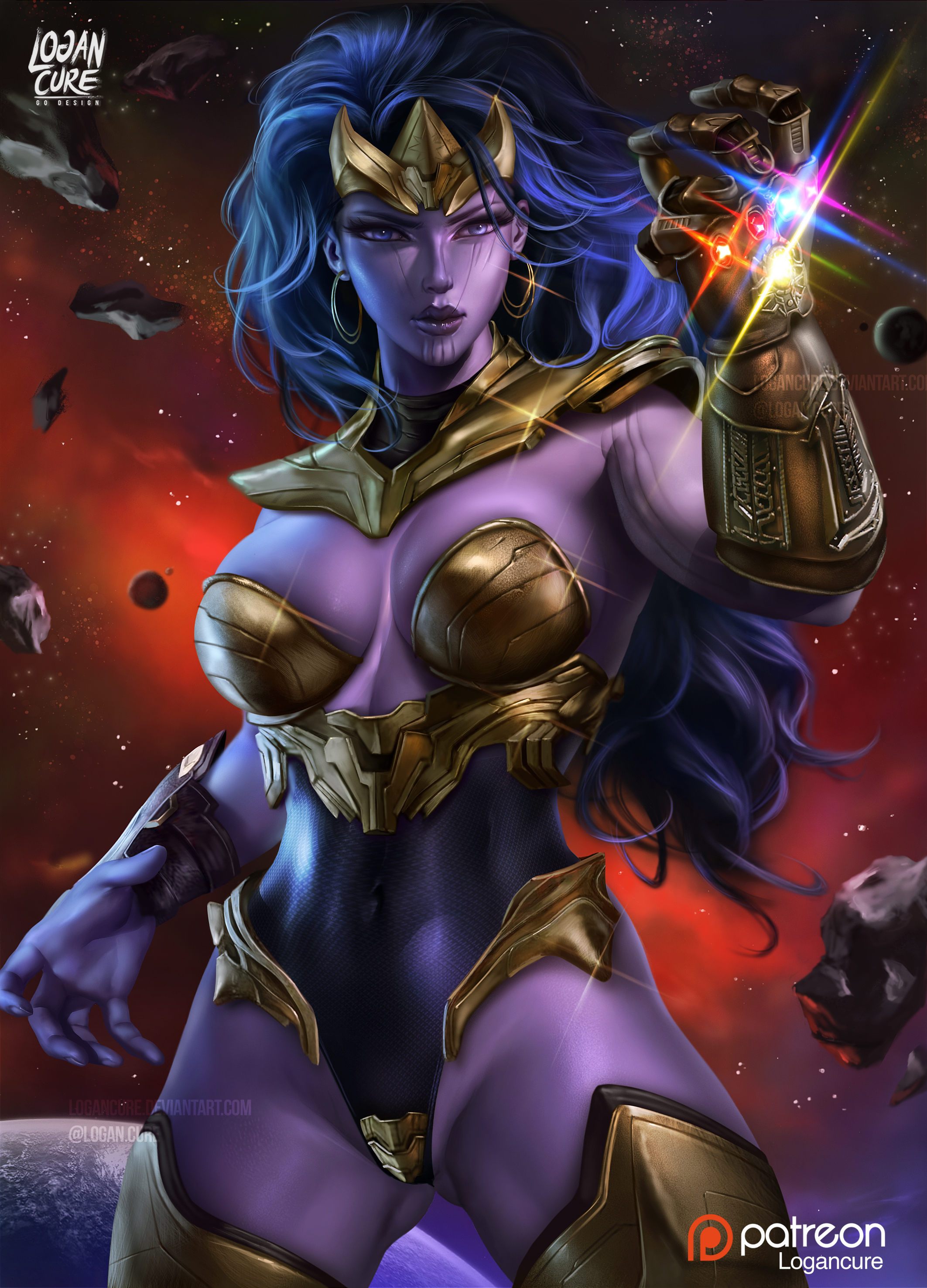 1girls, 2d, absurdres, ass visible through thighs, avengers, blue hair, breasts, cleavage, female, female only, fully clothed, genderswap, genderswap (mtf), highres, humanoid, infinity gauntlet, logan cure, looking at viewer, marvel, marvel comics, purple skin, purple-skinned female, rule 63, solo, thanos