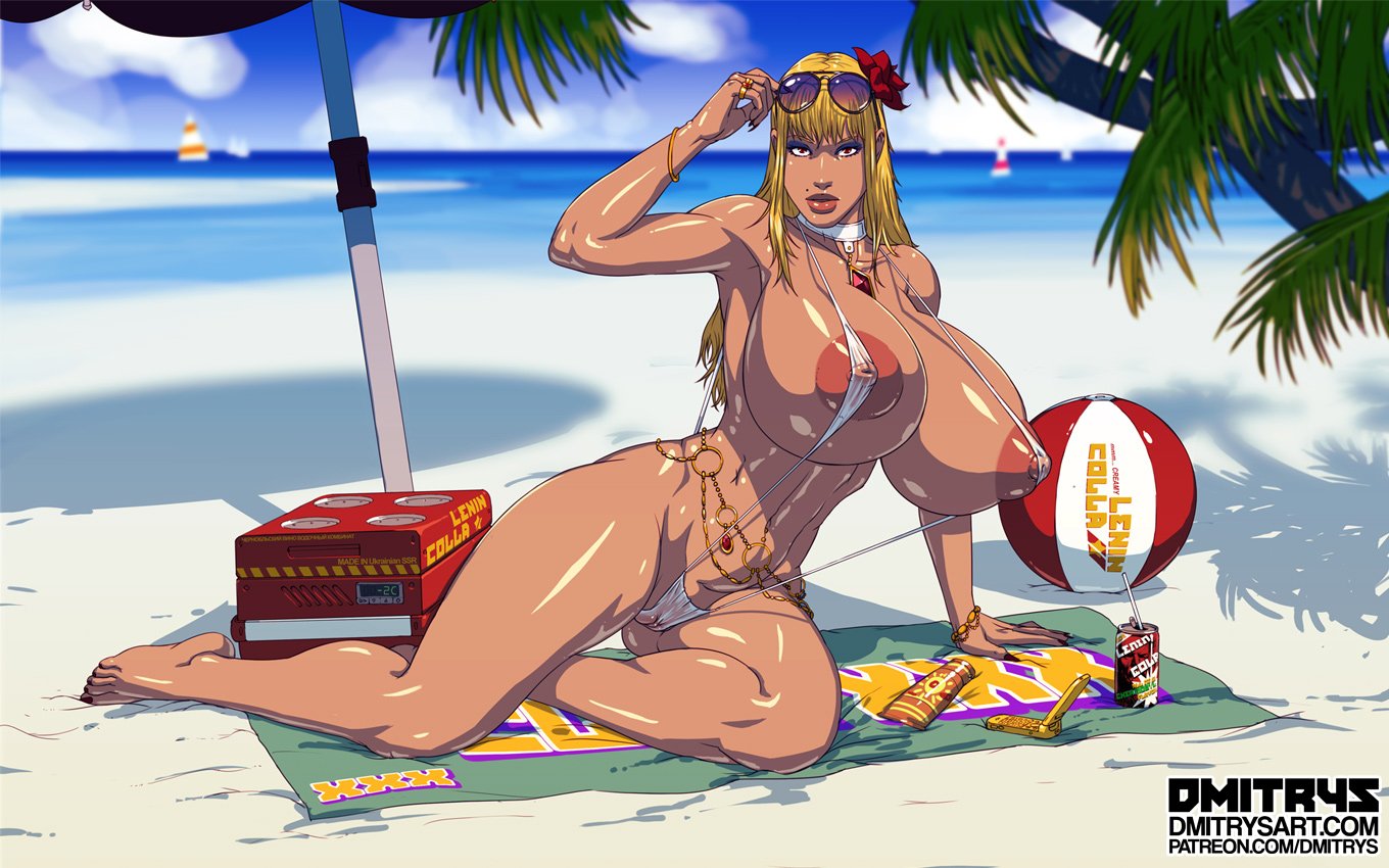 1girls, abs, areolae, barefoot, bikini, breasts, dmitrys, female, female only, huge breasts, looking at viewer, muscles, muscular, muscular female, naughty face, nipples, pussy, seductive, sling bikini, solo, thick thighs