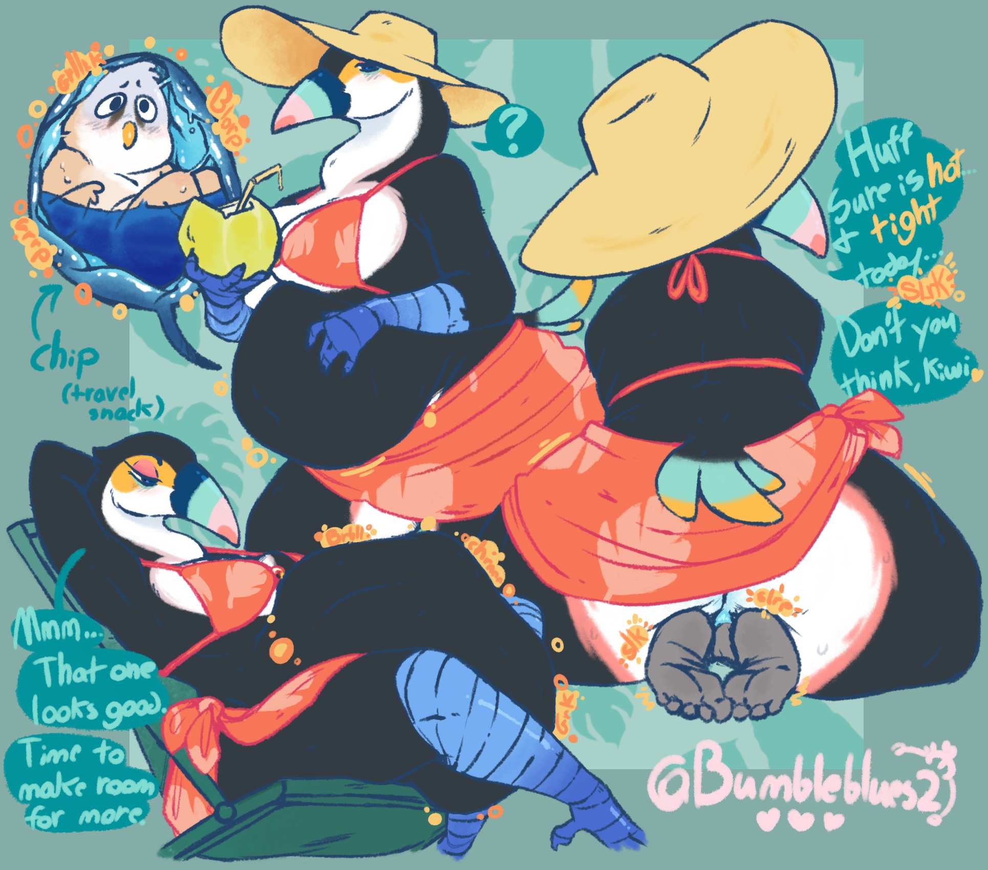 anal vore, anon, anthro, anus, ass, avian, big ass, big breasts, bikini, blush, breasts, bumbleblues, dominatrix, drooling, feathers, female, female pred, hi res, leash, objectification, ohco, open mouth, original character, pussy, simple background, steam, steamy, steamy ass, sun hat, tail feathers, threatening, toucan, vore, voredragon12345