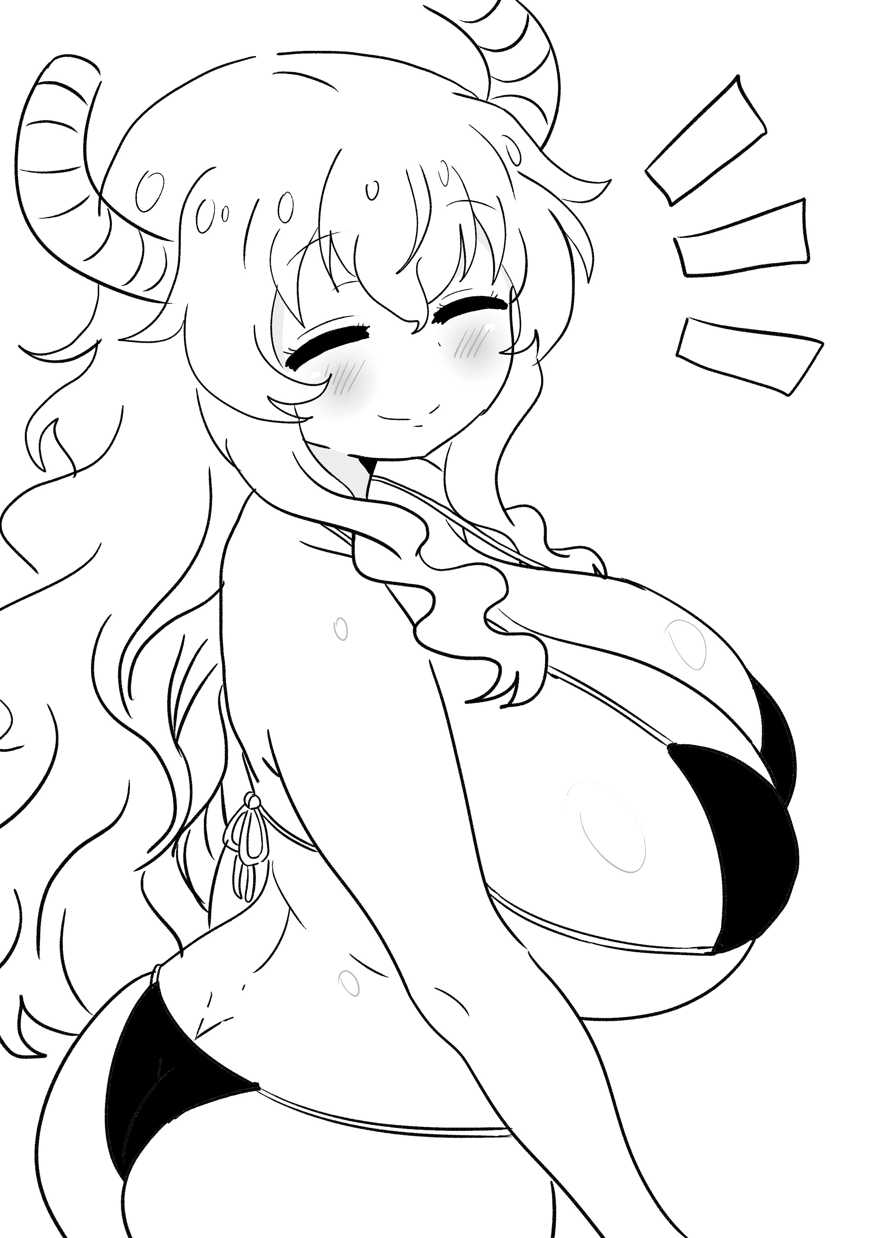 1girls, ass, big ass, big breasts, bikini, black bikini, blush, closed eyes, deity, dragon, dragon girl, goddess, horns, long hair, miss kobayashi's dragon maid, notice lines, quetzalcoatl (dragon maid), smile, solo, yami neko