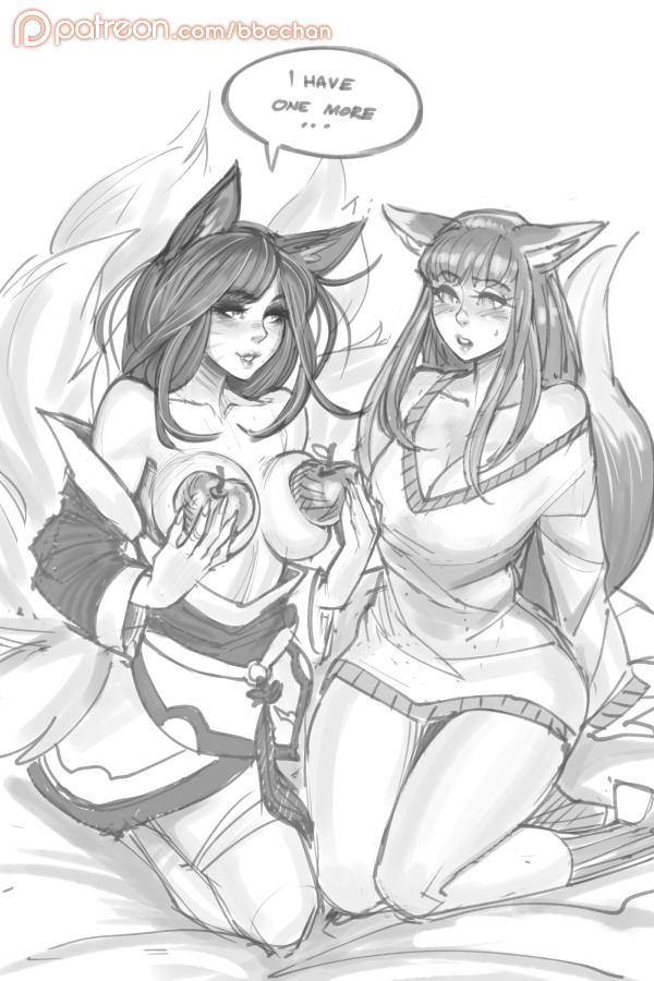 2girls, ahri, animal ears, bbc-chan, bed, blush, breasts, breasts out, cleavage, clothing, english text, facial mark, female, female only, holo, kemonomimi, kneeling, large breasts, league of legends, long hair, monochrome, pajamas, spice and wolf, tail