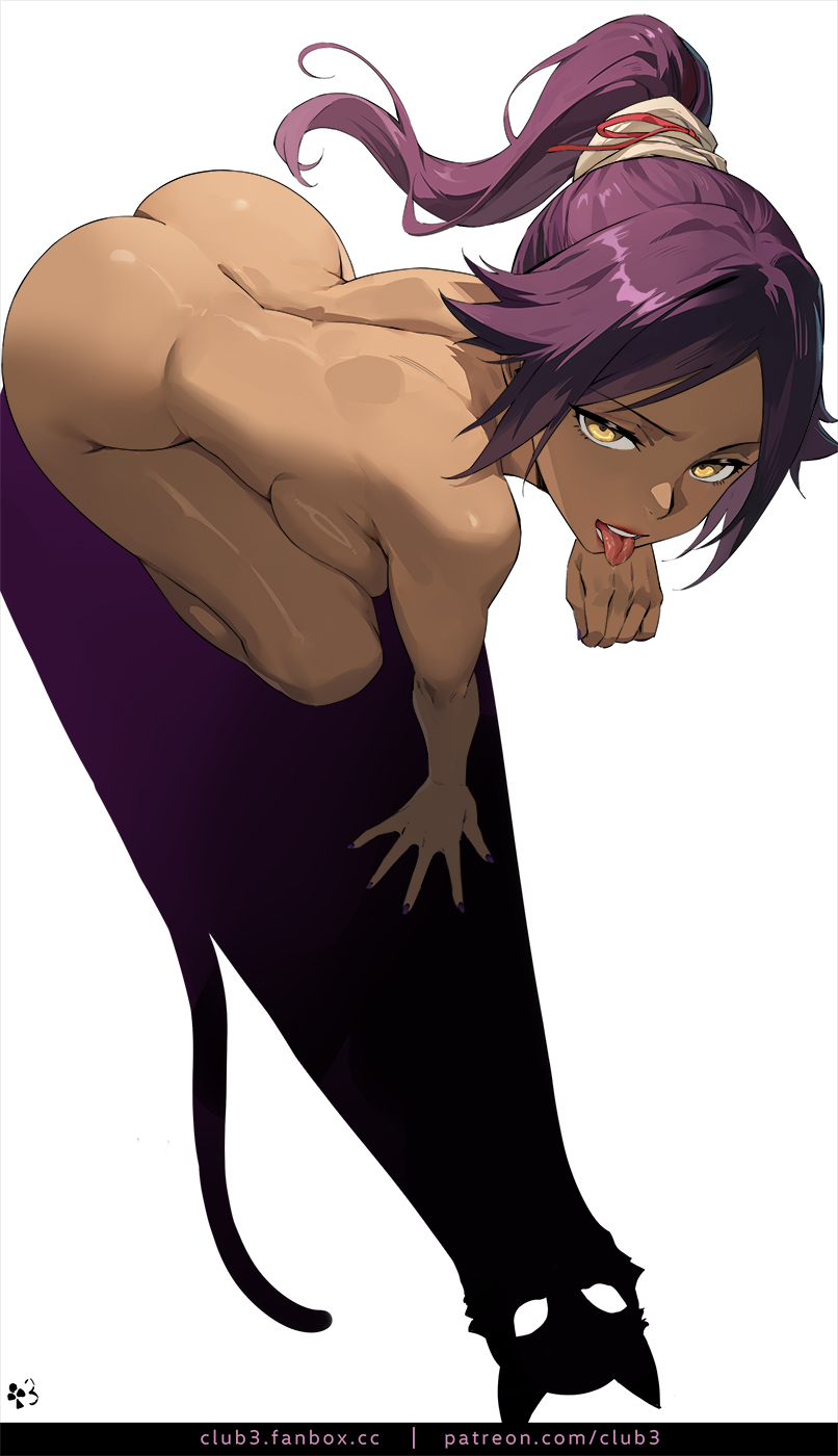 all fours, artist logo, ass, ass up, bare back, bending forward, bending over, bent over, big ass, big breasts, big butt, big nipples, bleach, bleach: the thousand-year blood war, blush, blushing at viewer, blushing female, boob window, breast, breast press, breasts, cat girl, catgirl, cleavage, club3, color, commentary, completely nude, dark skin, dark-skinned female, different shadow, dress pull, fanbox username, female, female only, hanging breasts, highres, large breasts, leaning, leaning forward, licking, licking hand, logo, long hair, long legs, looking at viewer, mature female, nipples, nude, nude female, panties, patreon username, ponytail, purple hair, round ass, round butt, shihouin yoruichi, showing ass, showing breasts, slim waist, solo, symbol-only commentary, tagme, tongue, tongue out, wide hips, yellow eyes, yoruichi shihouin