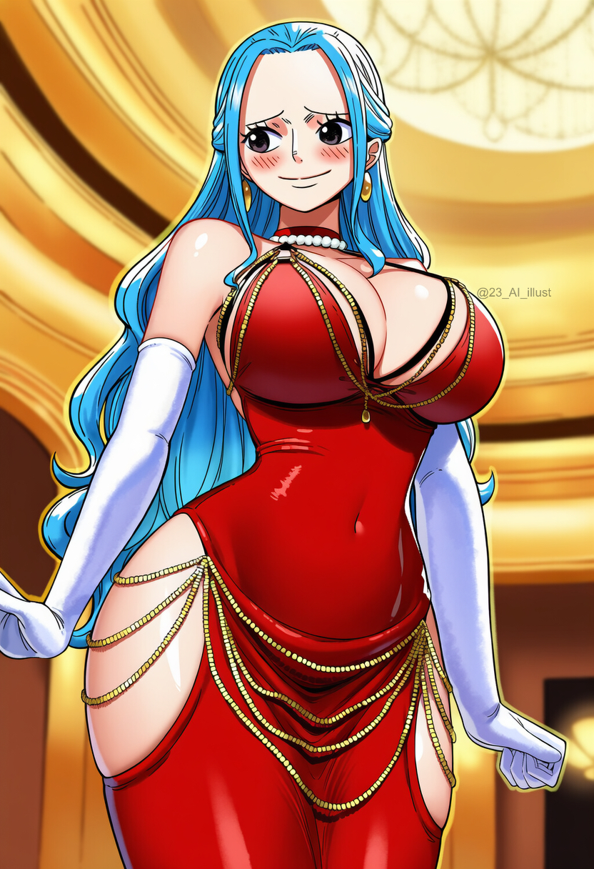 1girls, 23 ai illust, ai generated, big breasts, blue hair, blue-haired female, blush, cleavage, cutout dress, dress, elbow gloves, elegant, elegant dress, female, female only, fit, fit female, gloves, hourglass figure, jewelry, long hair, manga style, necklace, nefertari vivi, one piece, post-timeskip, red dress, white gloves