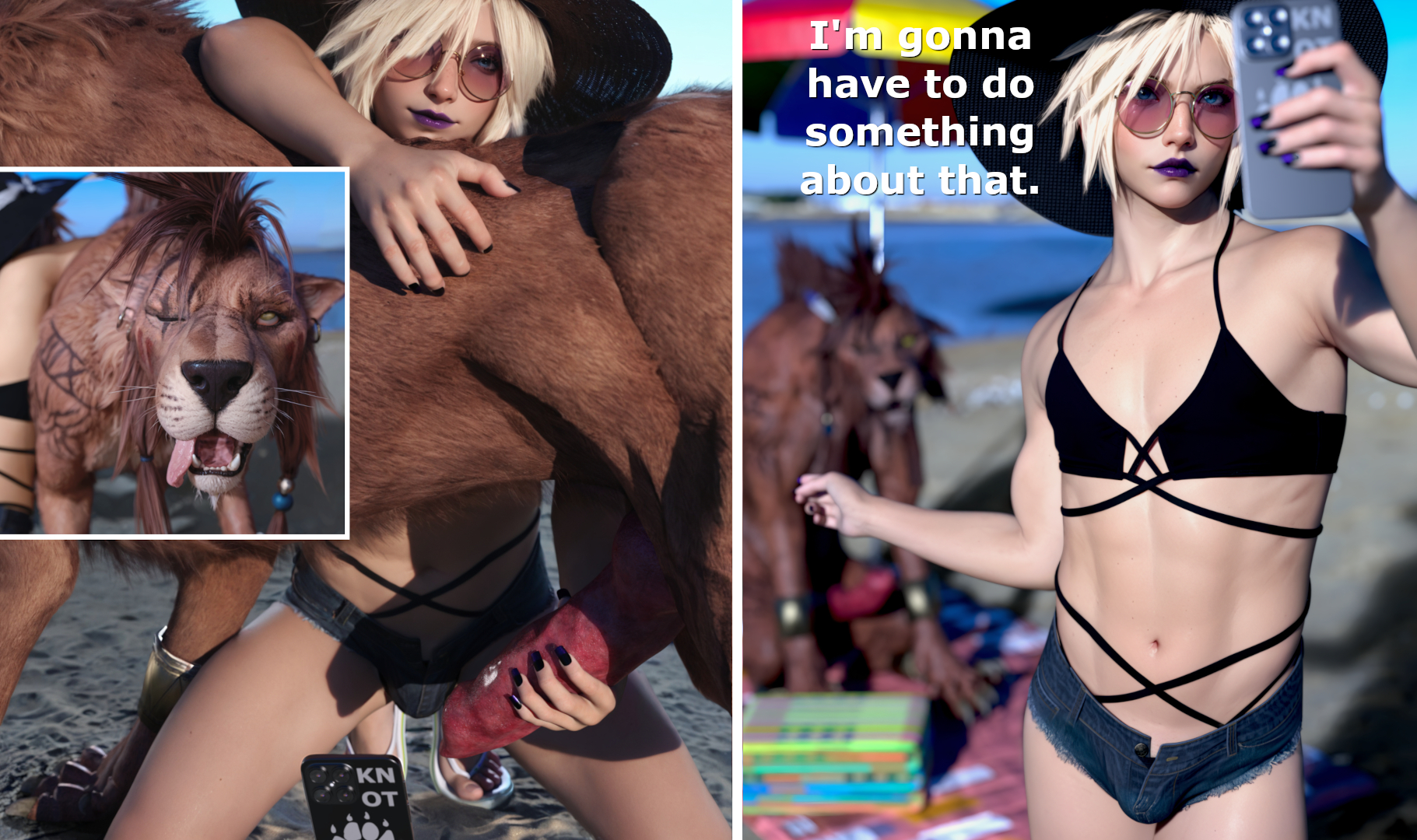 3d, canine penis, cellphone, cloud strife, crossdressing, english text, exhibitionism, eyes rolling back, feral, feral on human, feral on male, final fantasy, final fantasy vii, final fantasy vii remake, gay, handjob, hdregrets, hotpants, implied handjob, jean shorts, knot, lipstick, male, open shorts, penis, public, red xiii, selfie, short shorts, shorts, sunglasses, swimsuit, text, tongue, tongue out, twink, unbuttoned, unbuttoned pants, yaoi, zoophilia