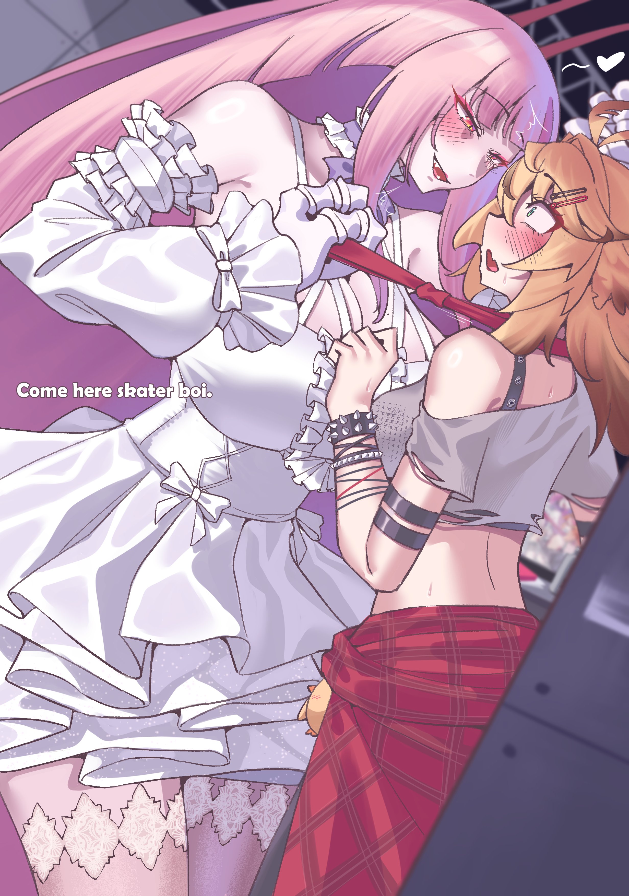 2girls, ahoge, antennae (anatomy), blonde, blonde female, blonde hair, blonde hair female, blonde-haired female, cyan eyes, dokibird, dragoon (dokibird), fan mascot (vtuber), flush, flushed, flushed cheeks, flushed face, head wings, indie virtual youtuber, large breasts, larger female, long hair, long hair female, long haired, long haired female, looking at another, looking at partner, looking down at partner, looking up at partner, matara kan, monster girl, open mouth, pink hair, pink hair female, pulling tie, punk girl, punk hair, red eyes, ripped clothing, ripped shirt, roach girl, shirt around waist, shorter female, shoulder exposed, spiked bracelet, taller female, teeth, teeth showing, tie, virtual youtuber, vtuber, waieeeee, white dress