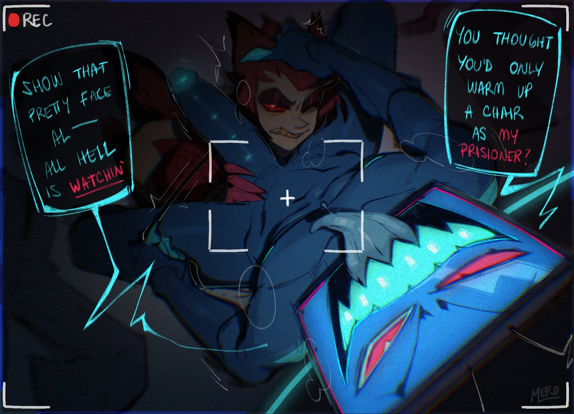 2boys, alastor (hazbin hotel), angry, animal humanoid, artist request, big penis, blue body, blue teeth, claws, deer, deer humanoid, demon, demon humanoid, dialogue, digital drawing (artwork), dominant, dominant male, dubious consent, duo, electronics, erection, gay, hazbin hotel, hellaverse, holding head, holding penis, human, imminent oral, imminent sex, looking at viewer, machine, male, male only, nude, object head, penis, recording, red eyes, robot, robot humanoid, screen face, tounge out, tv head, vox (hazbin hotel), yaoi