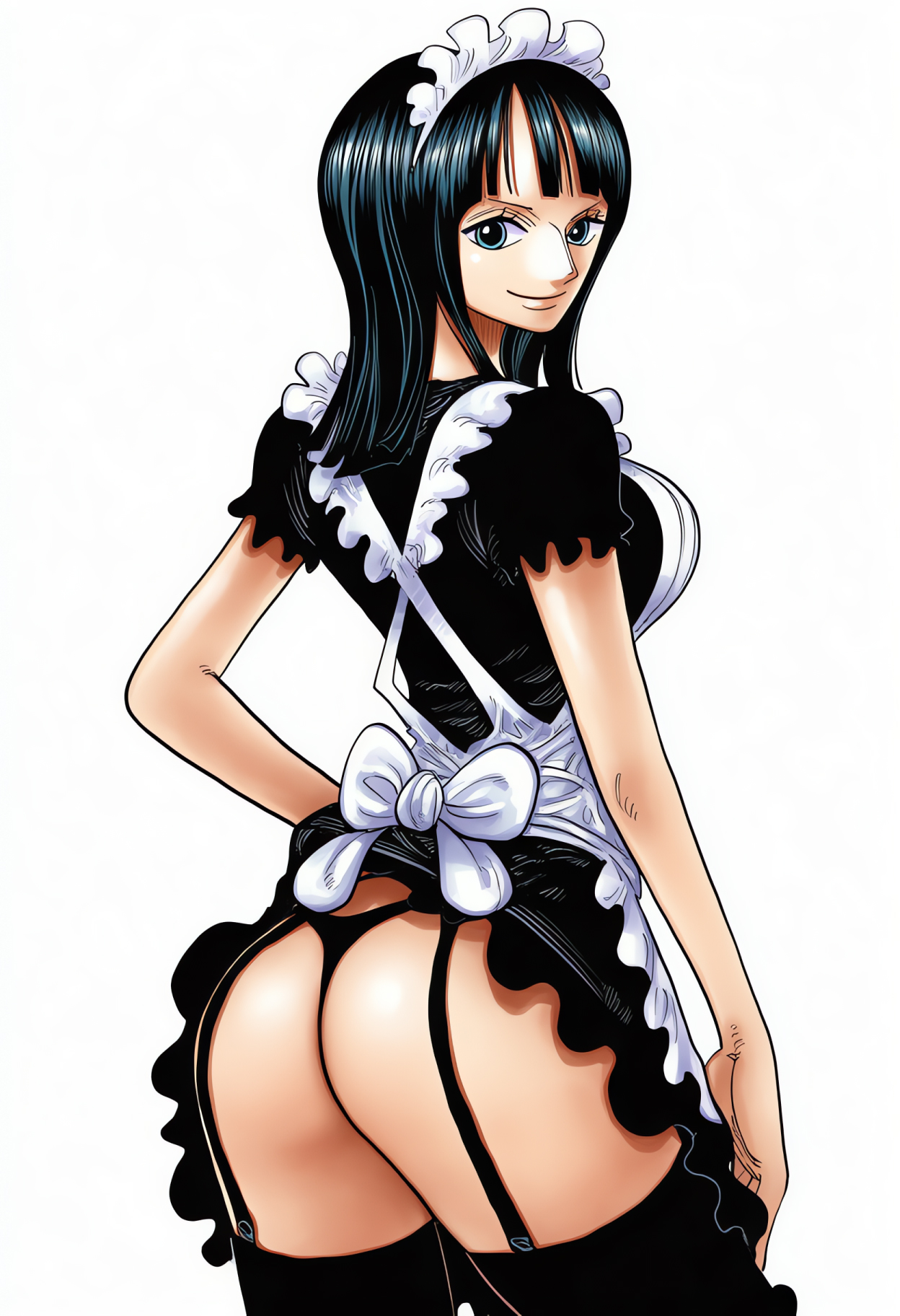 1girls, ai generated, big breasts, black hair, black-haired female, blue eyes, donya, female, female only, fit, fit female, garter belt, garter straps, hourglass figure, looking at viewer, maid, maid dress, maid headdress, maid outfit, maid uniform, manga style, nico robin, one piece, posing, posing for the viewer, pre-timeskip, simple background, skirt lift, stockings, upskirt, white background