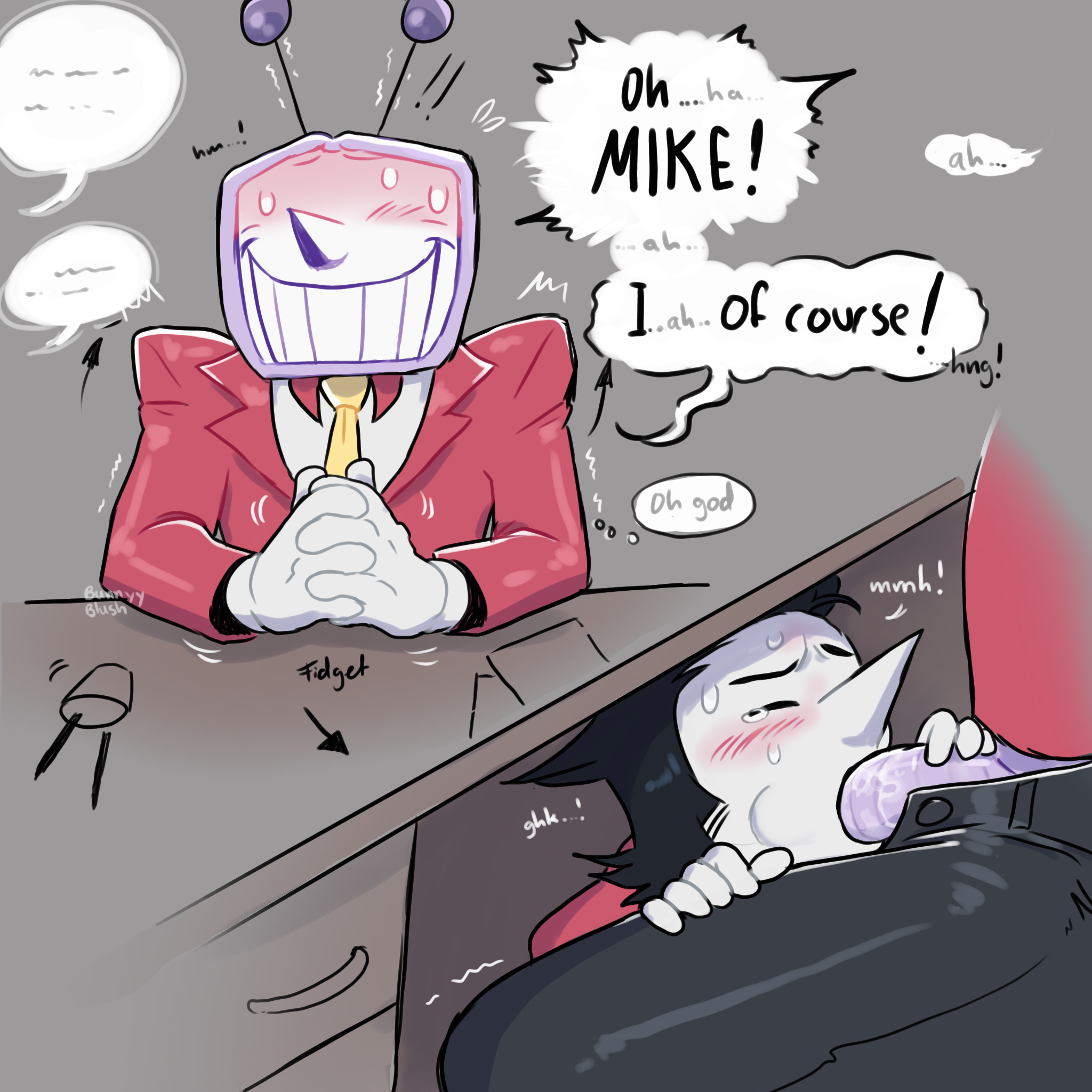 2boys, blowjob, bunnyyblush, business suit, caught, caught in the act, caught off guard, closed eyes, clothed, deepthroat, deltarune, deltarune chapter 2, deltarune chapter 3, english text, exhibitionism, gay, gay blowjob, gay oral, male on male, male only, male penetrated, male penetrating, male penetrating male, male/male, moaning, moaning in pleasure, onomatopoeia, oral, oral penetration, oral sex, secret, size difference, spamtenna, spamton g spamton, sucking, sucking penis, swallowing, sweat, sweating, tenna (deltarune), text, toby fox, tv head, under desk, undertale (series)