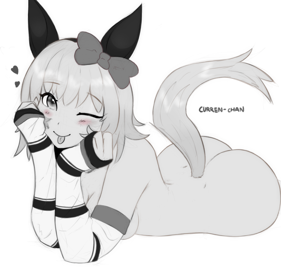 ass, blush, bowtie, breasts, curren chan (umamusume), female, hair, hair ornament, heart symbol, i drive a bmw, looking at viewer, lying, lying on stomach, nude, nude female, one eye closed, sideboob, simple background, sleeves, tail, text, tongue out, umamusume, umamusume pretty derby, white background, wink, winking at viewer