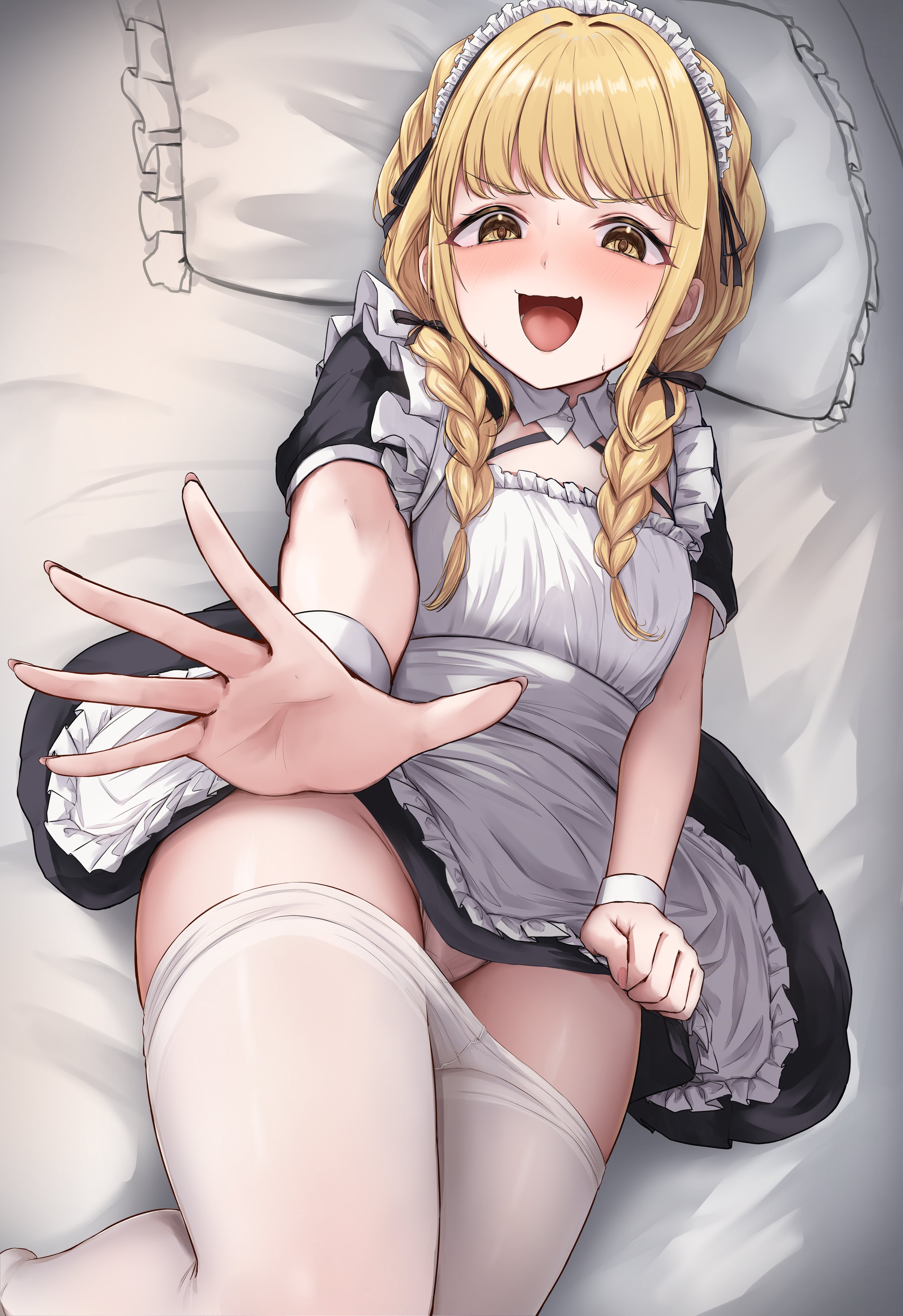 1girls, blonde hair, blush, cute fang, embarrassed, fang, female, female only, fujita kotone, gakuen idolmaster, hair intakes, idolmaster, looking at viewer, maid, maid dress, maid headdress, maid uniform, nervous smile, on bed, open mouth, panties, pantyhose, petite, shocked, shy, skirt pull, small breasts, smile, solo, thick thighs, thighhighs, thighs, twin braids, upskirt, white panties, white pantyhose, wrist cuffs, yellow eyes