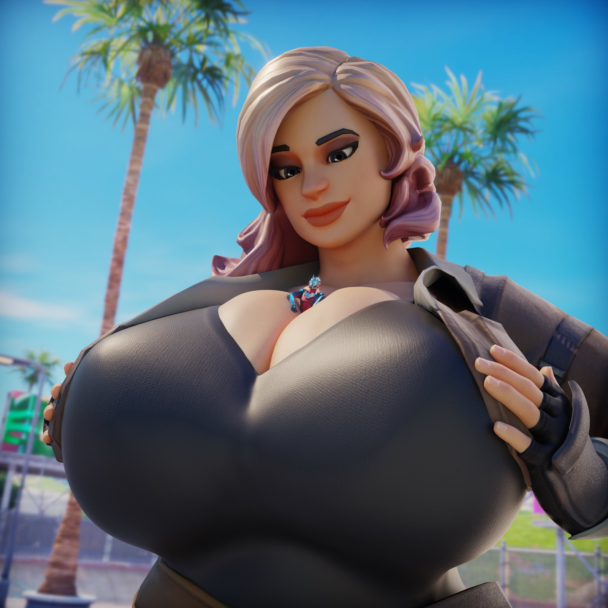 ant-man, between breasts, breasts, cleavage, ctgiantess, fortnite, fortnite (marvel comics), fortnite: save the world, giantess, marvel, marvel comics, penny (fortnite), person between breasts, size difference, tiny man