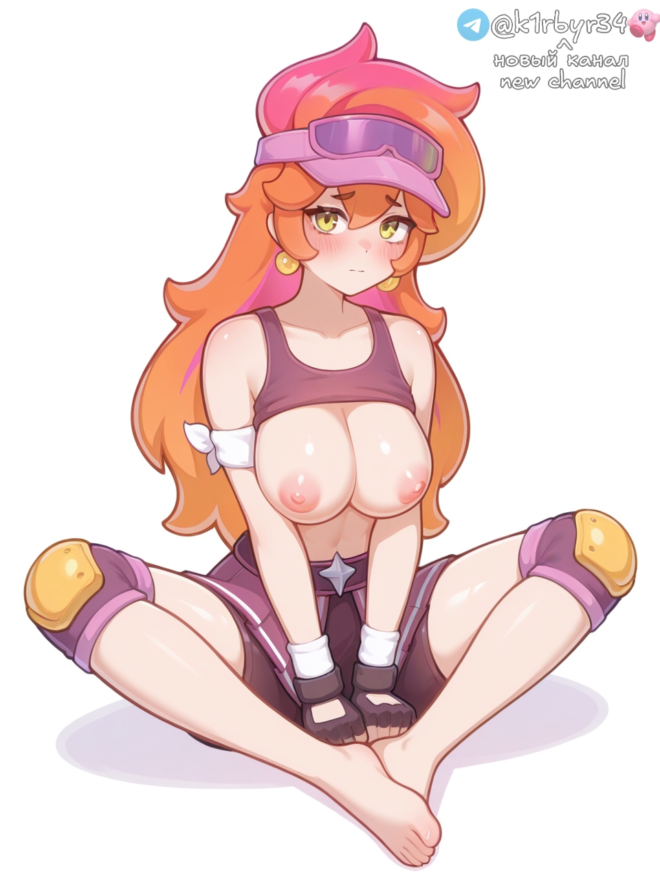 ai generated, amber (brawl stars), big breasts, brawl stars, breasts, bubble trouble amber (brawl stars), female, female only, large breasts, nipples, sitting, v arms