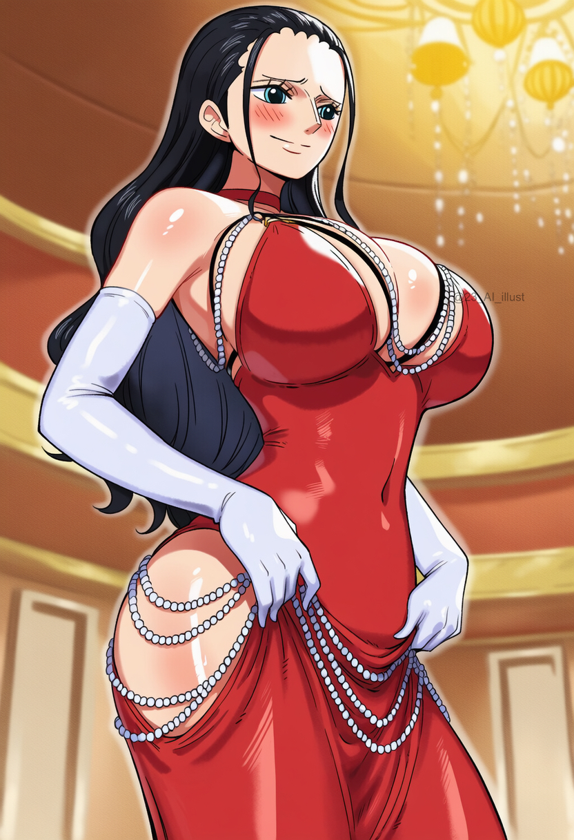 1girls, 23 ai illust, ai generated, big breasts, black hair, black-haired female, blush, cleavage, cutout dress, dress, elbow gloves, elegant, elegant dress, female, female only, fit, fit female, gloves, hourglass figure, jewelry, manga style, necklace, nico robin, one piece, post-timeskip, red dress, white gloves