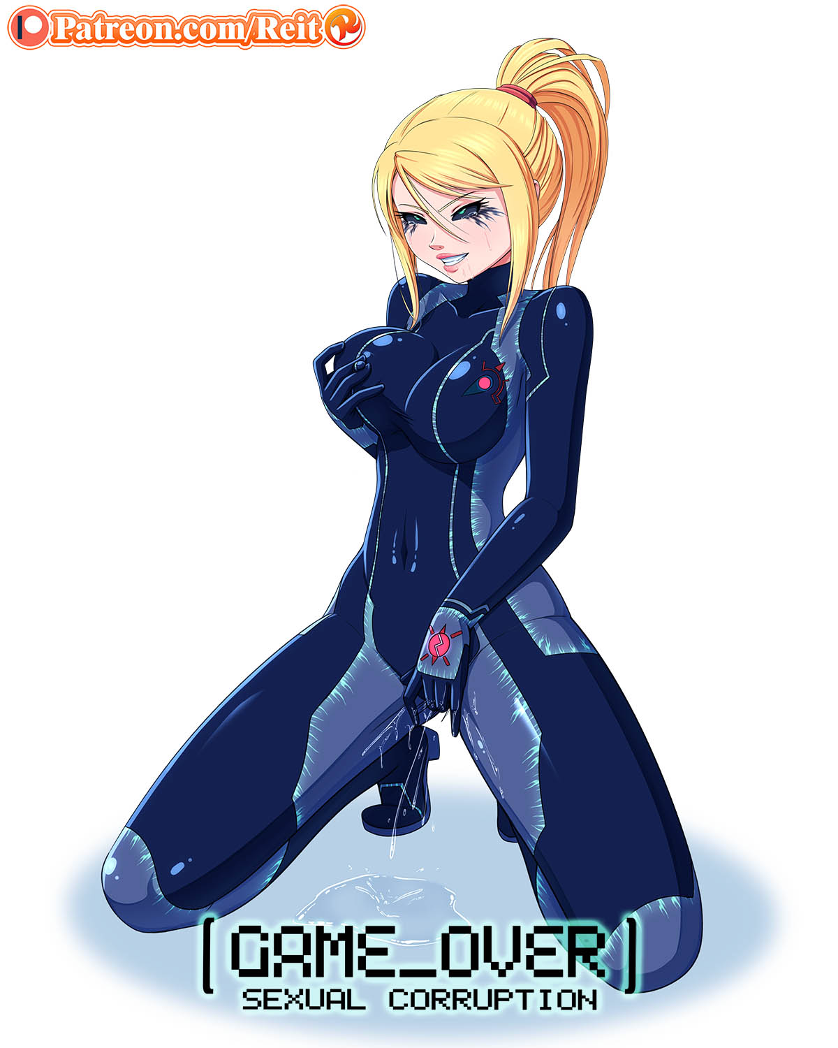 1girls, black sclera, blonde hair, bodysuit, corruption, ejaculation, female, female ejaculation, female only, fingering, fingering pussy, fingering self, fingering through clothes, game over, game over screen, masturbation, masturbation through clothing, metroid, mind break, nintendo, orgasm, phazon, plugsuit, pussy, pussy juice, reit, samus aran, solo, solo female, squeezing nipple, zero suit