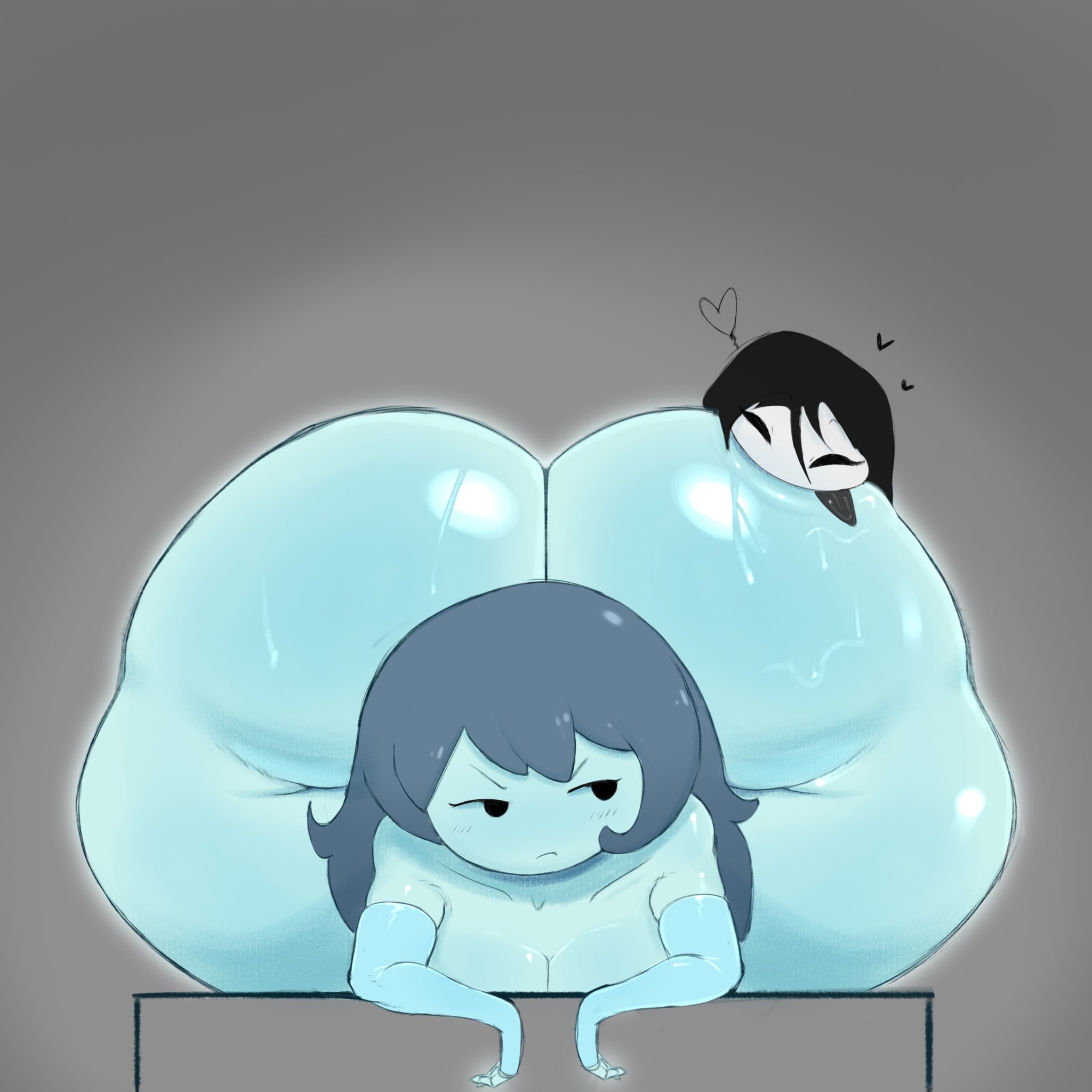 2girls, annoyed, arm sleeves, ass bigger than head, black hair, blue body, blue hair, blue skin, elbow gloves, fat ass, fingerless gloves, ghost, ghost girl, heart symbol, megamor, mob face, ringu (shojs), simple background, specimen 4, spooky (shojs), spooky's house of jump scares