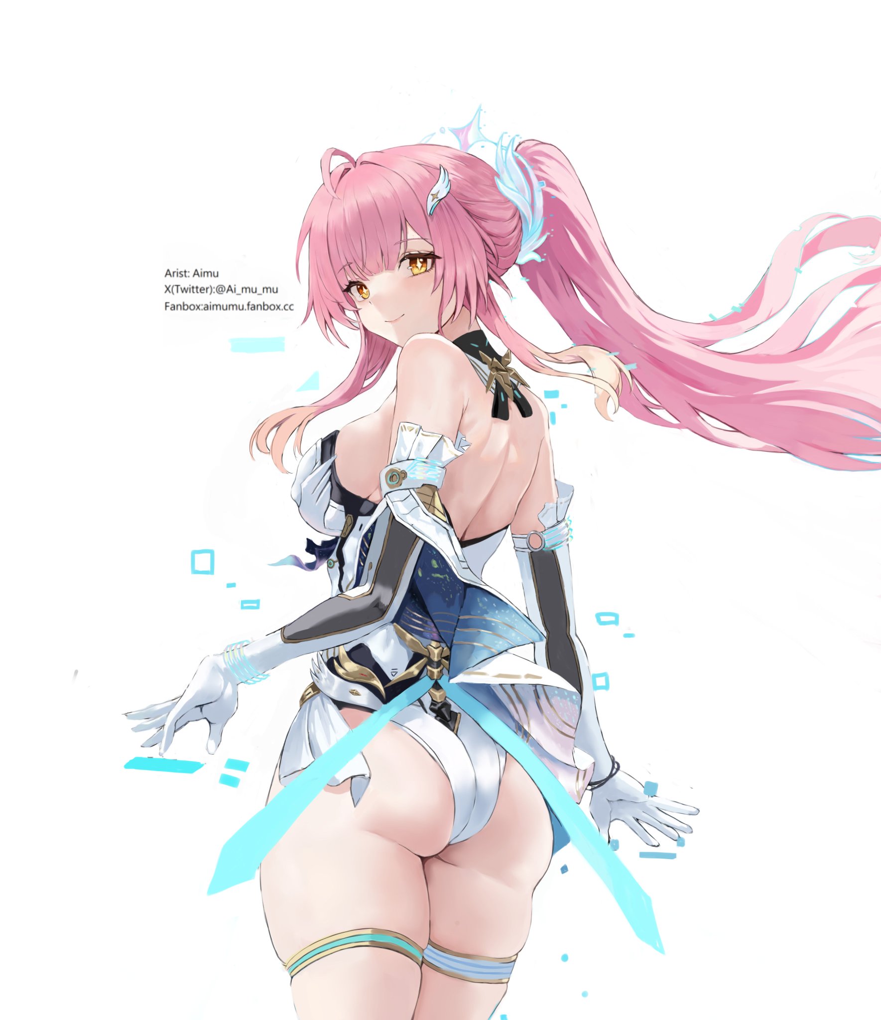 1girls, aemeath (wuthering waves), ass, ass focus, breasts, brown eyes, exposed breasts, female, female only, leotard, long hair, pink hair, ponytail, sideboob, very long hair, white background, white leotard, wuthering waves