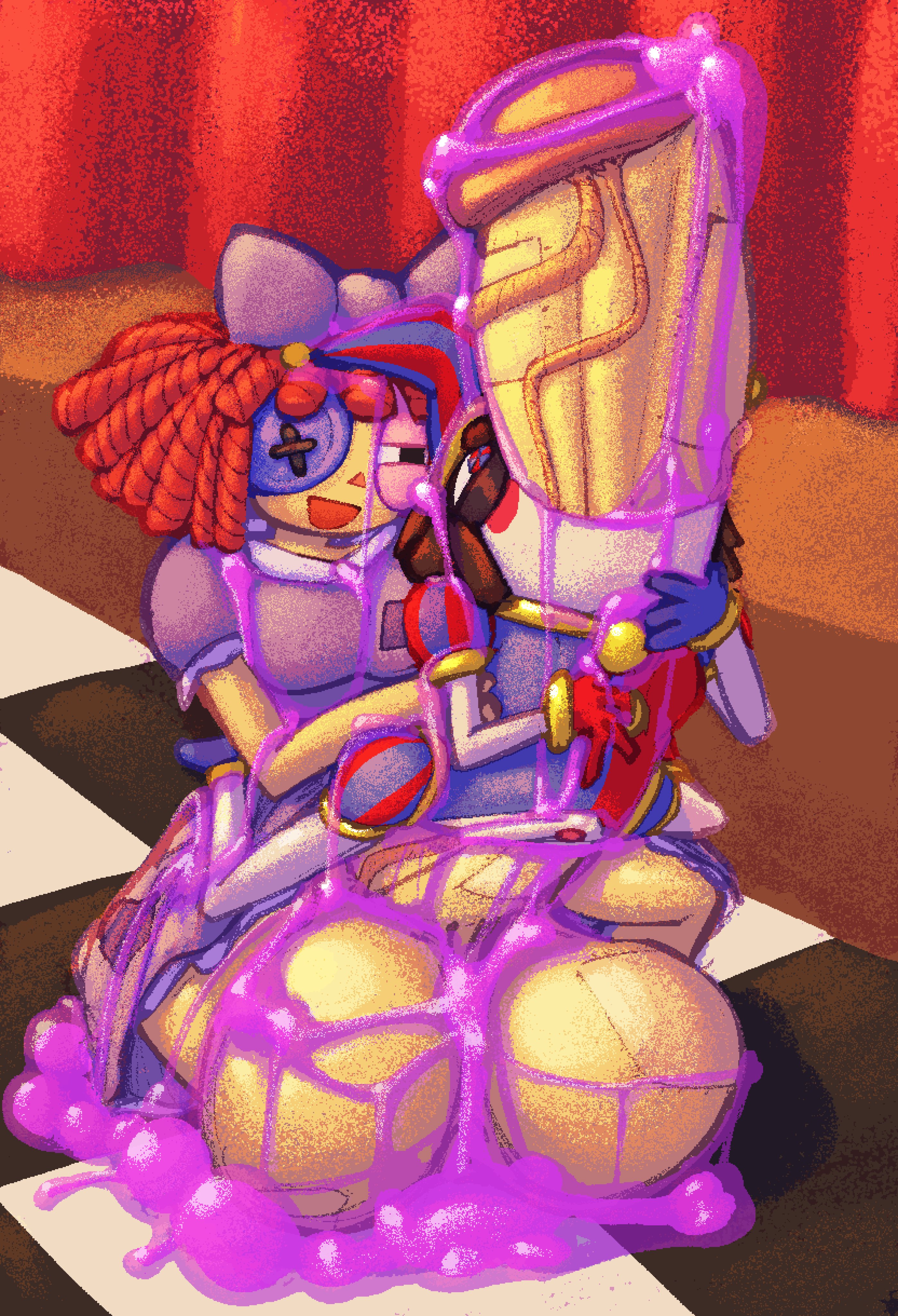 1futa, 1girls, all the way through, anal, anal sex, balls, bitwily, body horror, brown hair, button eyes, clothing, cock, cum, cursed, cursed image, disturbing, dress, female, futa on female, futanari, glitch productions, gooseworx, huge balls, huge cock, huge testicles, jester outfit, jesterdoll, penis, penis bigger than body, pomni (the amazing digital circus), ragatha (the amazing digital circus), ragdoll, red eyes, sauce that makes you stupid, sex, size difference, stitches, stupid sauce, testicles, the amazing digital circus, what