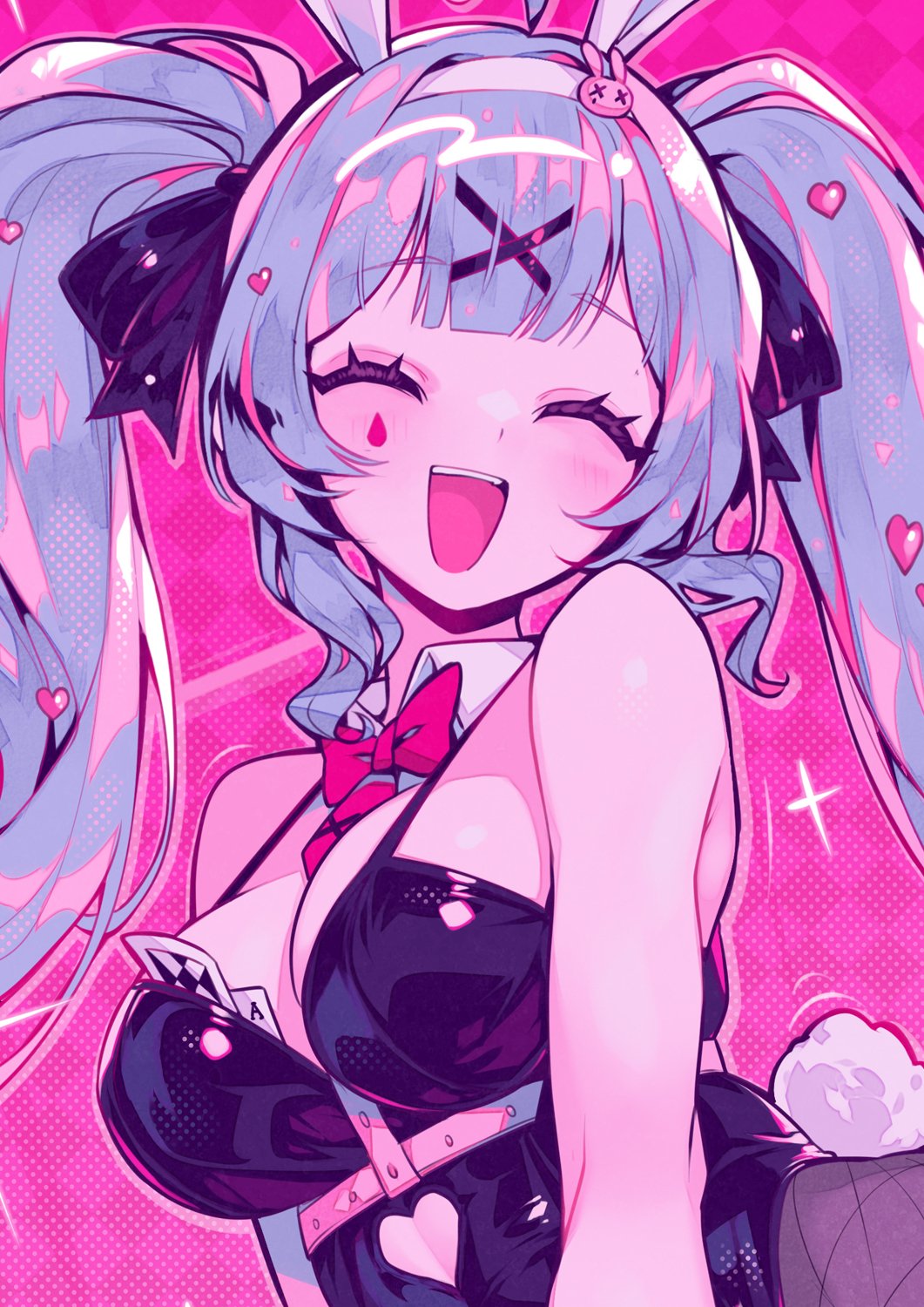 :d, 1girl, animal ears, bangs, bare shoulders, black leotard, blue hair, blush, bow, bowtie, breasts, bunny costume, bunny ears, bunny girl, bunny tail, bunnysuit, card, cards, cleavage, closed eyes, clothing cutout, detached collar, fake animal ears, fake tail, female, female only, fishnet pantyhose, fishnets, hair, hair ornament, hair ribbon, happy, happy female, hatsune miku, heart, large breasts, leotard, long hair, medium breasts, object between breasts, open mouth, pantyhose, parororo, parorou, pink background, playboy bunny, rabbit ears, rabbit hole (vocaloid), rabbit tail, ribbon, simple background, sky blue hair, smile, smiling, smiling at viewer, solo, tail, twintails, virtual youtuber, vocaloid, x hair ornament
