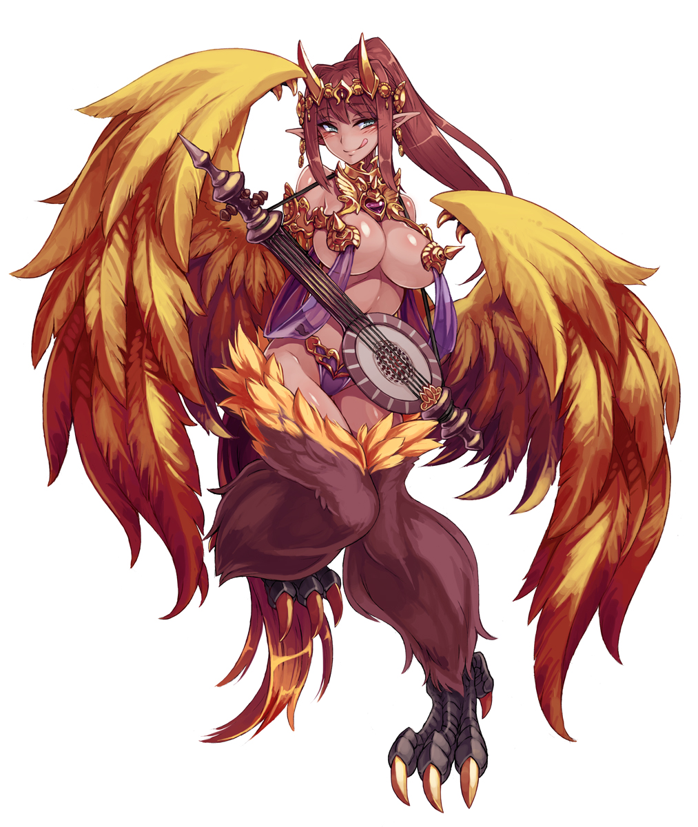 1girls, absurdres, bare shoulders, big breasts, bird girl, bird wings, blush, breasts, claws, cleavage, feathered wings, feathers, featureless breasts, female, female only, gandharva, gandharva (monster girl encyclopedia), grey eyes, harem outfit, harpy, highres, huge breasts, instrument, kenkou cross, licking lips, long hair, looking at viewer, middle finger, monster girl, monster girl encyclopedia, monster girl encyclopedia ii, navel, official art, panties, pasties, pointy ears, ponytail, red eyes, red hair, revealing clothes, revision, simple background, solo, tail, tan body, tongue, tongue out, wings