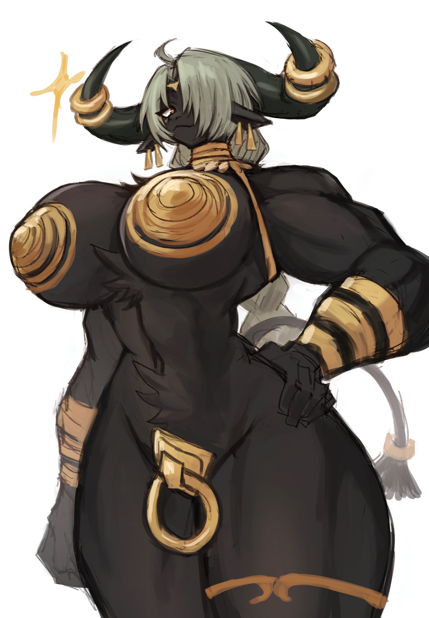 1girls, anthro, armband, big breasts, black body, black fur, body jewelry, bovid, bovid humanoid, bovine, covered nipples, covered pussy, earrings, female, female focus, female only, furry, furry female, furry only, grey hair, hand on hip, horns, huge breasts, long hair, muscular, muscular female, nipple ornament, nipples, solo, solo female, solo focus, sookmo, tail, thick thighs, yellow eyes
