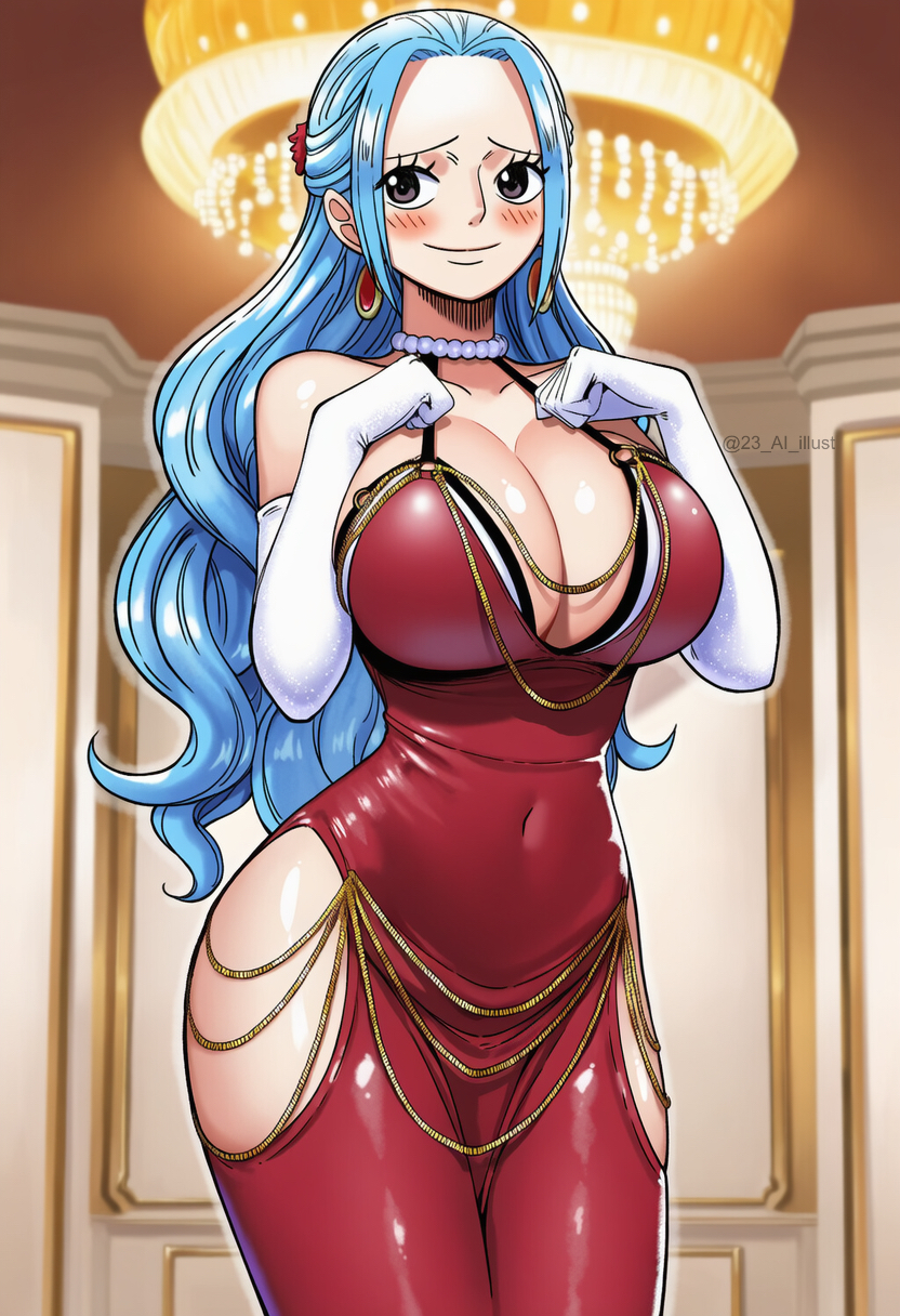1girls, 23 ai illust, ai generated, big breasts, blue hair, blue-haired female, blush, cleavage, cutout dress, dress, elbow gloves, elegant, elegant dress, female, female only, fit, fit female, gloves, hourglass figure, jewelry, long hair, manga style, necklace, nefertari vivi, one piece, post-timeskip, red dress, white gloves