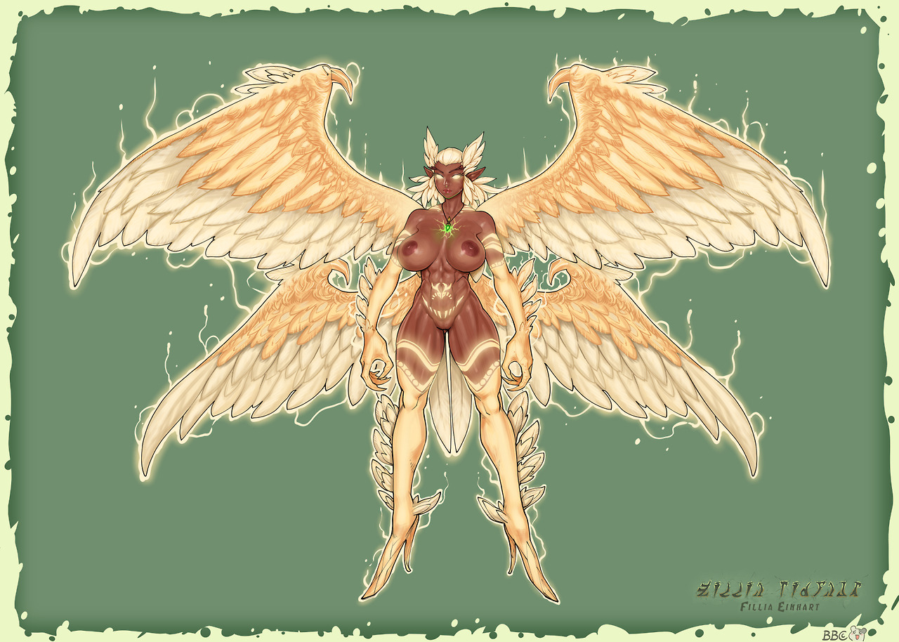 bbc-chan, blonde hair, breasts, dark skin, female, fillia einhart, glowing eyes, large breasts, long ears, muscular, muscular female, necklace, nude, original, original character, piercing, pointy ears, solo, wings
