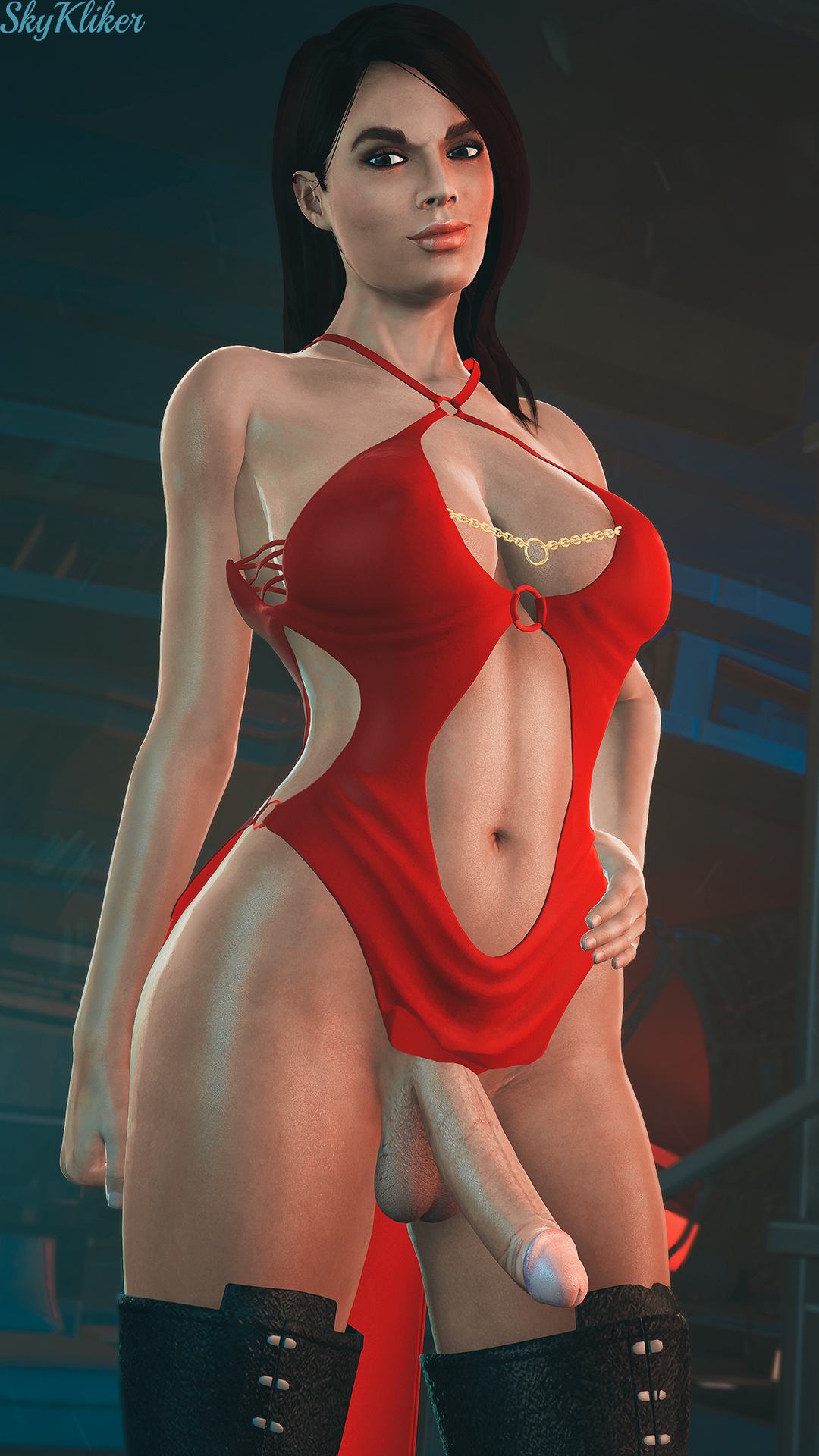 1futa, 3d, ashley williams, balls, bottomless, breasts, cleavage, curvy, erect nipples, erection, futa only, futa sans pussy, futanari, intersex, large breasts, looking at viewer, mass effect, nipple bulge, nipples, penis, skykliker, solo, source filmmaker, testicles