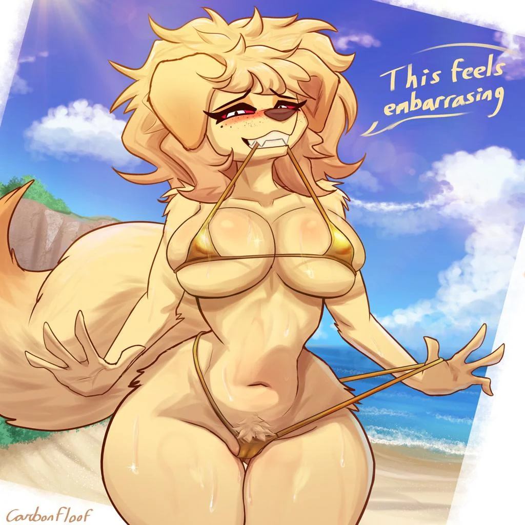 beach, bikini, biting clothes, canine, carbonfloof, gold bikini, pulling panties, red eyes, rose (carbonfloof), yellow body
