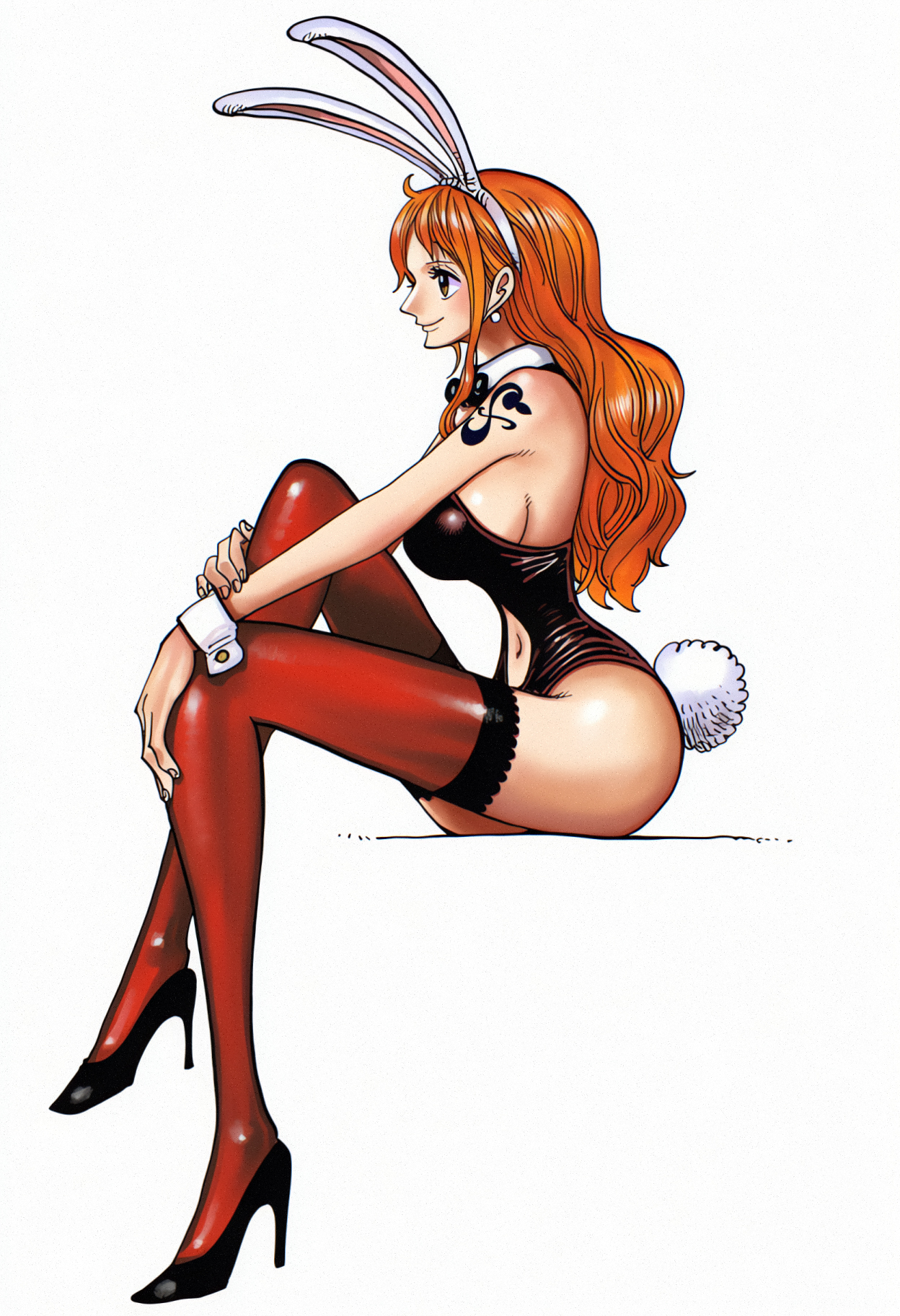 1girls, accurate art style, ai generated, arm tattoo, big breasts, black high heels, blue tattoo, bunny ears, bunny tail, bunnysuit, collar, cuffs (clothing), donya, eiichiro oda style, fake animal ears, female, female only, fit, fit female, ginger, ginger hair, high heels, hourglass figure, long hair, manga style, nami (one piece), one leg up, one piece, orange hair, orange-haired female, pinup, posing, red stockings, simple background, sitting, stockings, tattoo, thighhighs, white background