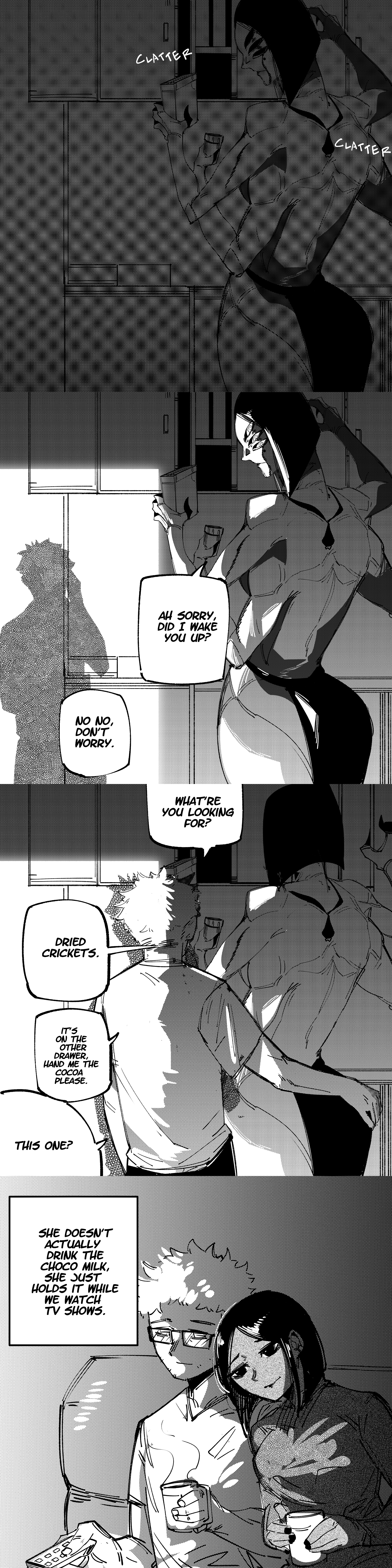 1boy, 1girls, 4 arms, ass, ass focus, ass grab, comic, couch, couple, dark-skinned female, exoskeleton, female, hand on ass, haru (neitheyagi), interspecies, interspecies relationship, kitchen, male, monster, monster girl, multi arm, multi limb, my new girlfriend is not human, neitheyagi, night, official art, spider girl, spider humanoid, tagme, taya (neitheyagi), watching tv, wholesome, wholesome end, yokai