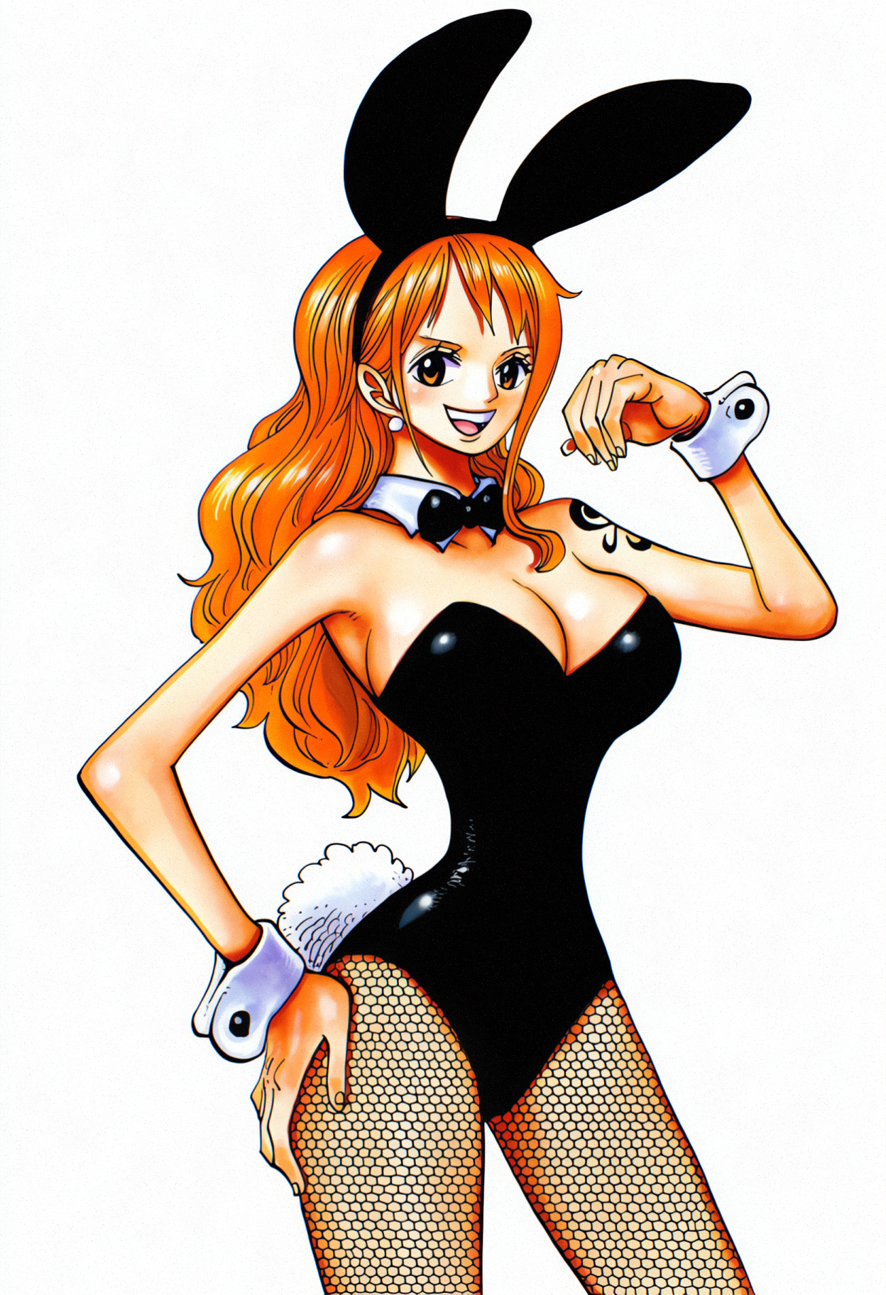 1girls, ai generated, arm tattoo, big breasts, black tattoo, bunny ears, bunny tail, bunnysuit, collar, cuffs (clothing), donya, fake animal ears, female, female only, fishnet pantyhose, fishnets, fit, fit female, ginger, ginger hair, hourglass figure, long hair, looking at viewer, manga style, nami (one piece), one piece, orange hair, orange-haired female, pantyhose, posing, posing for the viewer, simple background, smile, smiling at viewer, tattoo, white background