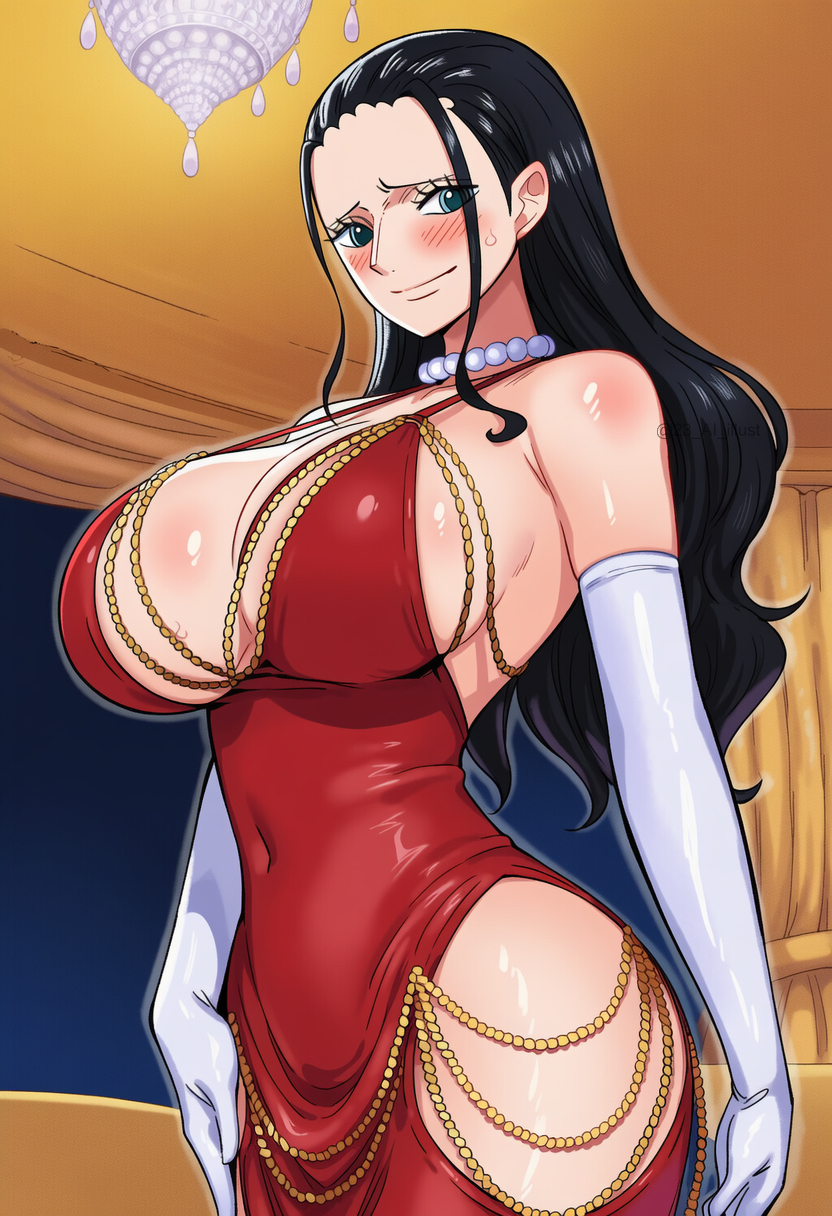 1girls, 23 ai illust, ai generated, big breasts, black hair, black-haired female, blush, cleavage, cutout dress, dress, elbow gloves, elegant, elegant dress, female, female only, fit, fit female, gloves, hourglass figure, jewelry, manga style, necklace, nico robin, one piece, post-timeskip, red dress, white gloves