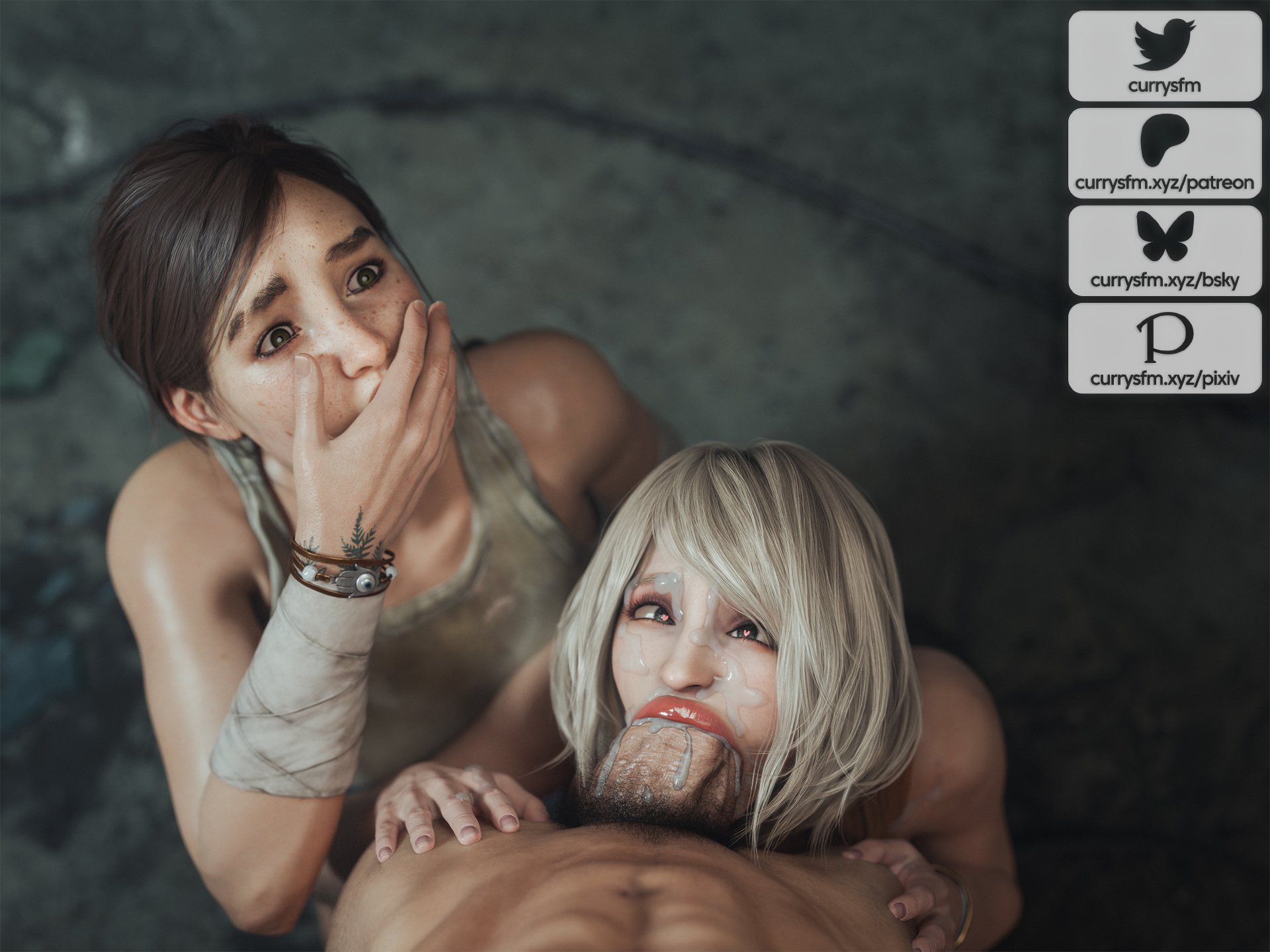 1boy, 2girls, 3d, absurdly large cock, artist name, ashley graham, ashley graham (ella freya), bare shoulders, biohazard, blonde hair, blowjob, blue eyes, bracelet, brown eyes, brown hair, capcom, cfnm, clothed, clothed female nude male, clothing, covering mouth, cross eyed, crossover, cum, cum in mouth, cum inside, cum on face, currysfm, deepthroat, eastern and western character, ellie (the last of us), ellie williams, eyes crossed, fellatio, female, female focus, female penetrated, ffm threesome, freckles, freckles on face, hand covering mouth, heart-shaped pupils, huge cock, light skin, light-skinned female, light-skinned male, male, male penetrating, male penetrating female, male pov, male pubic hair, male/female, medium hair, multiple girls, naughty dog, nude, nude male, oral, oral penetration, oral sex, pov, pubic hair, resident evil, resident evil 4, resident evil 4 remake, shocked, shocked expression, shocked female, straight, tank top, the last of us, the last of us 2, threesome, trio, unseen male face