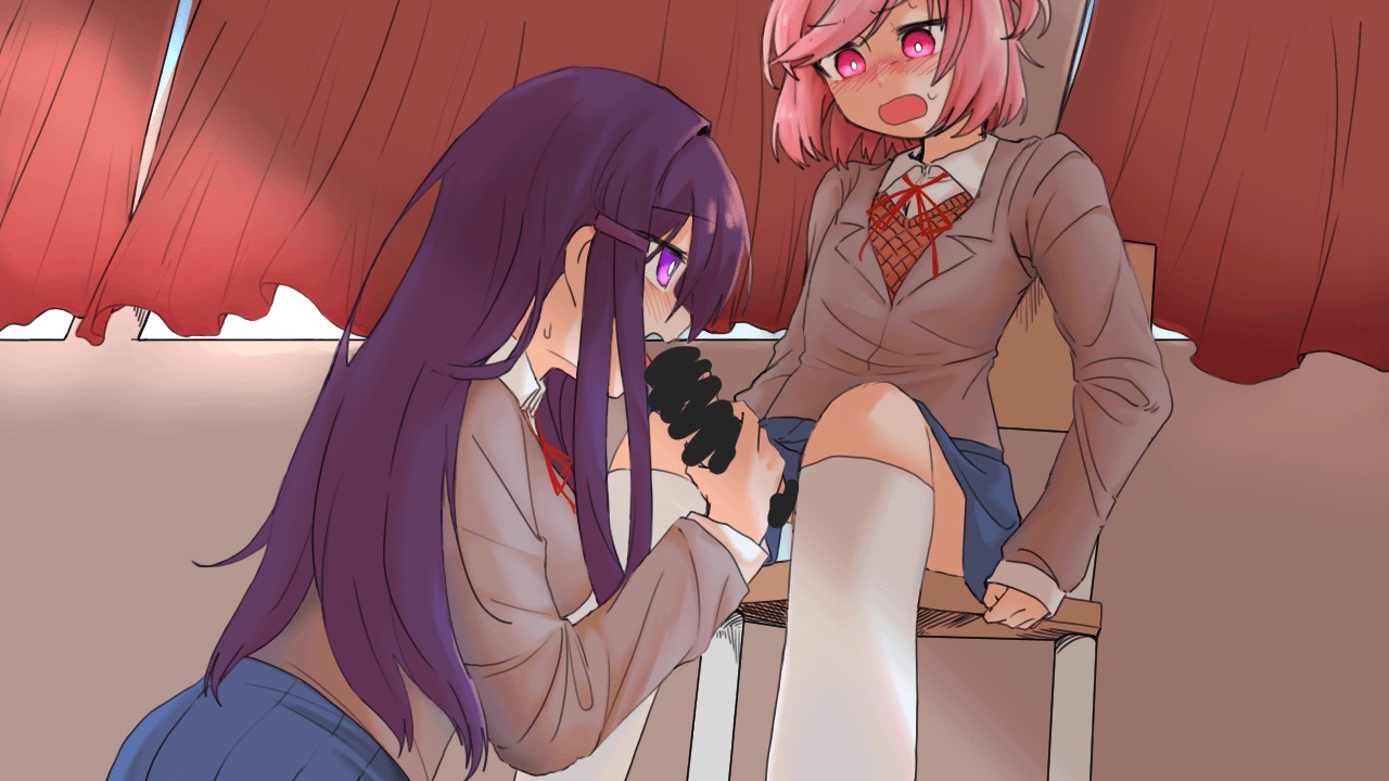 1futa, 2girls, blush, doki doki literature club, embarrassed, eye contact, fellatio, futanari, imminent fellatio, imminent oral, natsuki (doki doki literature club), oral, tongue out, yuri (doki doki literature club), 팅망