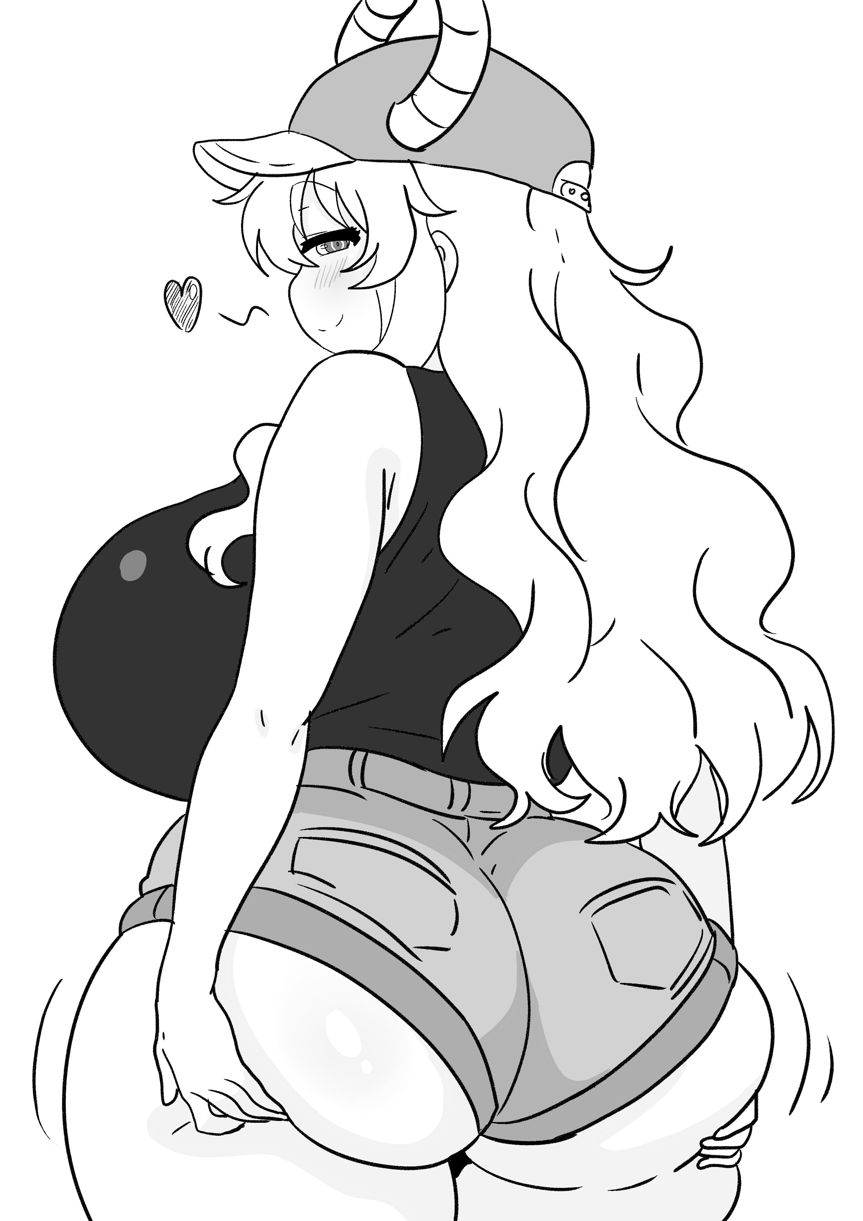 ass, big breasts, deity, denim, dragon, dragon girl, dragon humanoid, goddess, hands on ass, heart, long hair, miss kobayashi's dragon maid, quetzalcoatl (dragon maid)
