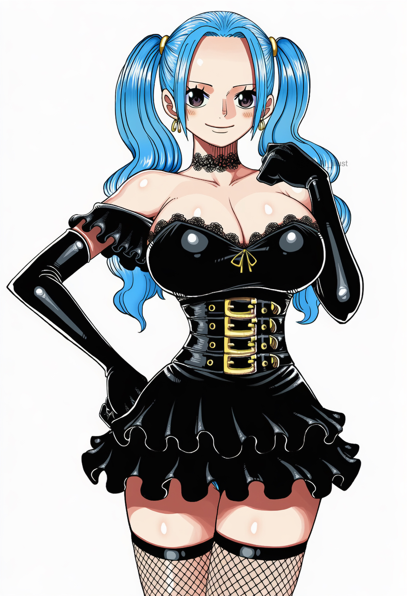 1girls, 23 ai illust, ai generated, big breasts, black dress, black gloves, blue hair, blue-haired female, choker, cleavage, corset, dress, elbow gloves, female, female only, fishnet legwear, fishnet stockings, fishnets, fit, fit female, gloves, goth, goth dress, goth girl, hourglass figure, lace choker, latex gloves, long hair, looking at viewer, manga style, nefertari vivi, one piece, short dress, simple background, twintails, white background