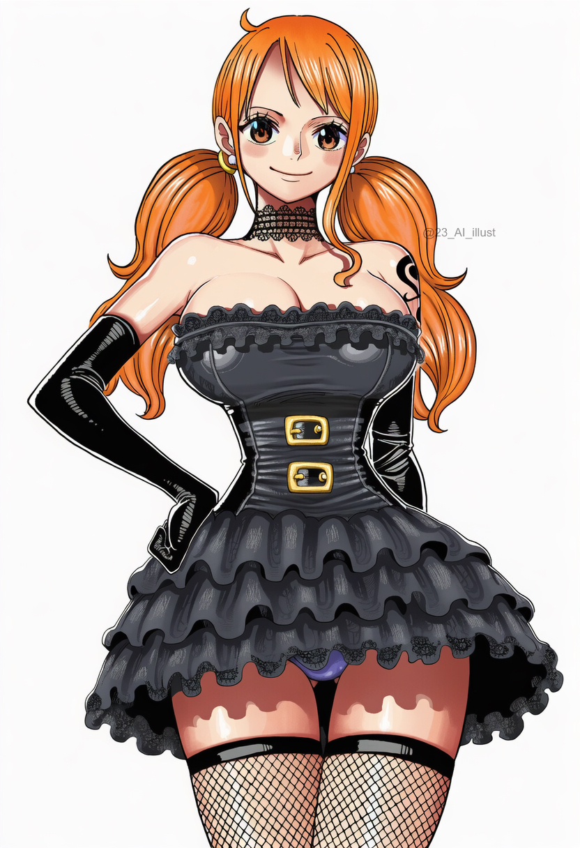 1girls, 23 ai illust, ai generated, arm tattoo, big breasts, black dress, black gloves, black tattoo, choker, cleavage, corset, dress, elbow gloves, female, female only, fishnet legwear, fishnet stockings, fishnets, fit, fit female, ginger, ginger hair, gloves, goth, goth dress, goth girl, hourglass figure, lace choker, latex gloves, long hair, looking at viewer, manga style, nami (one piece), one piece, orange hair, orange-haired female, short dress, simple background, tattoo, tattooed arm, twintails, white background