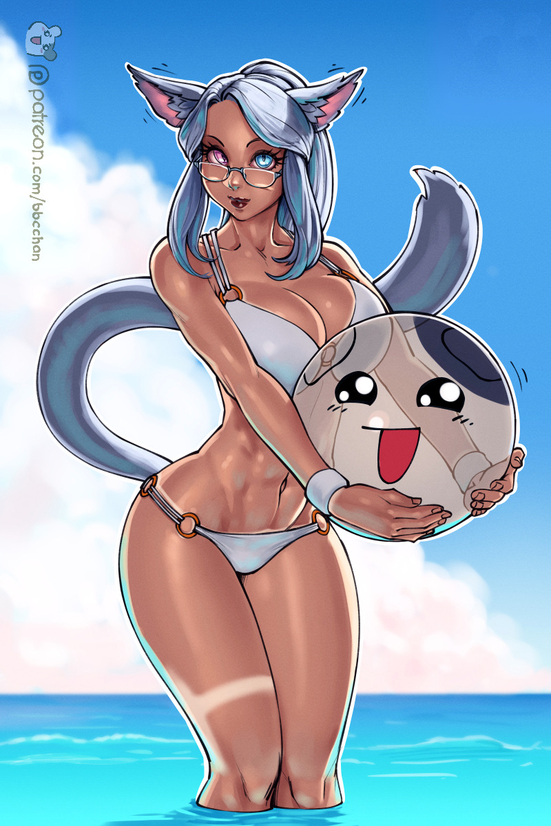 animal ears, bbc-chan, beach, beach ball, bikini, blue eyes, blue hair, cat ears, cat tail, female, final fantasy, final fantasy xiv, glasses, heterochromia, kemonomimi, long hair, miqo'te, pink eyes, ponytail, sea, solo, swimsuit, tail, tan, tied hair