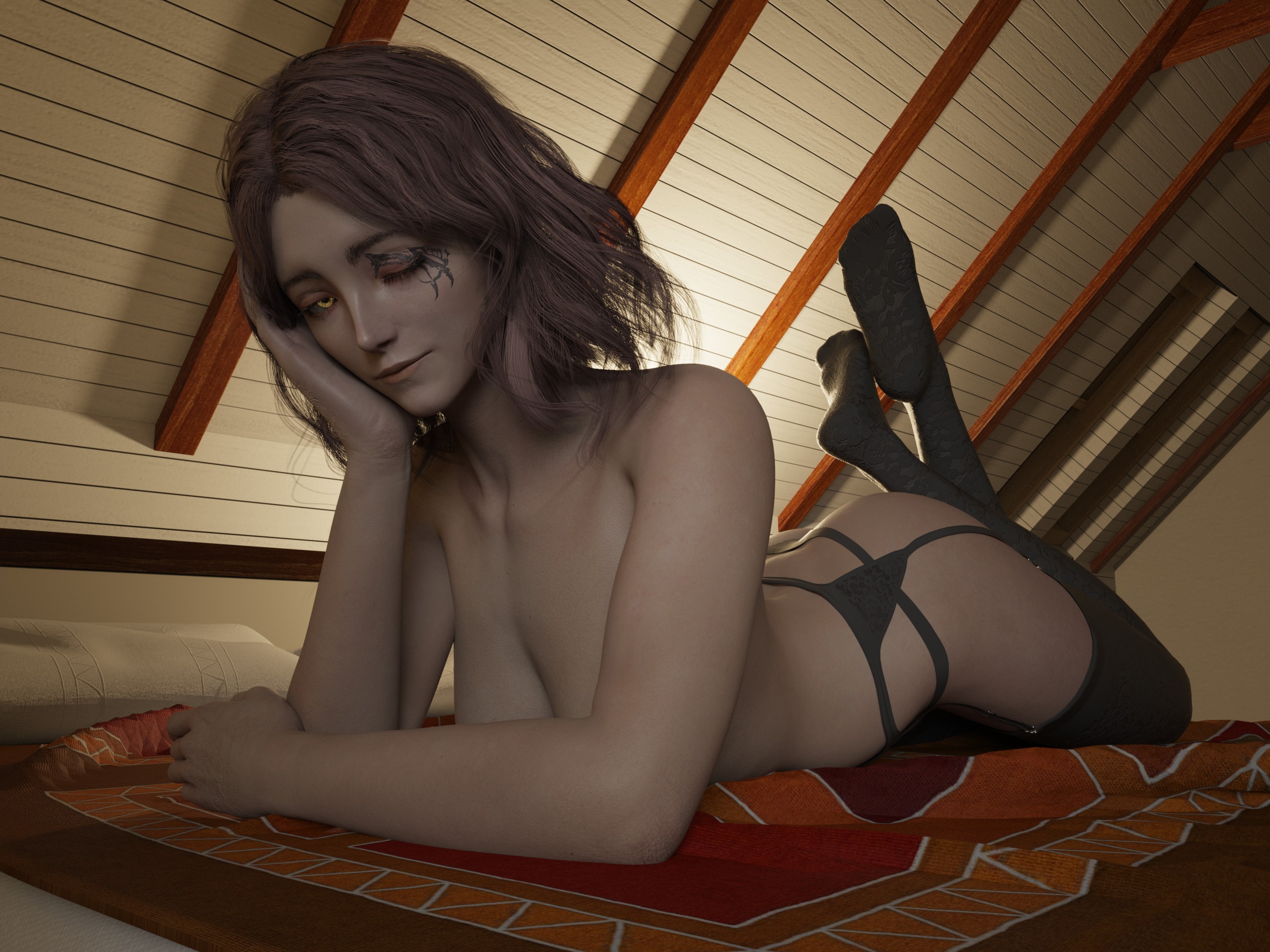 1girls, 3d, 3d (artwork), 4:3, brown hair, covering breasts, daz studio, elden ring, garter belt, golden eyes, head on hand, laying on bed, laying on stomach, lingerie, looking at viewer, melina, melina (elden ring), one eye closed, self upload, shoulder length hair, smile, solo, stockings, tattoo