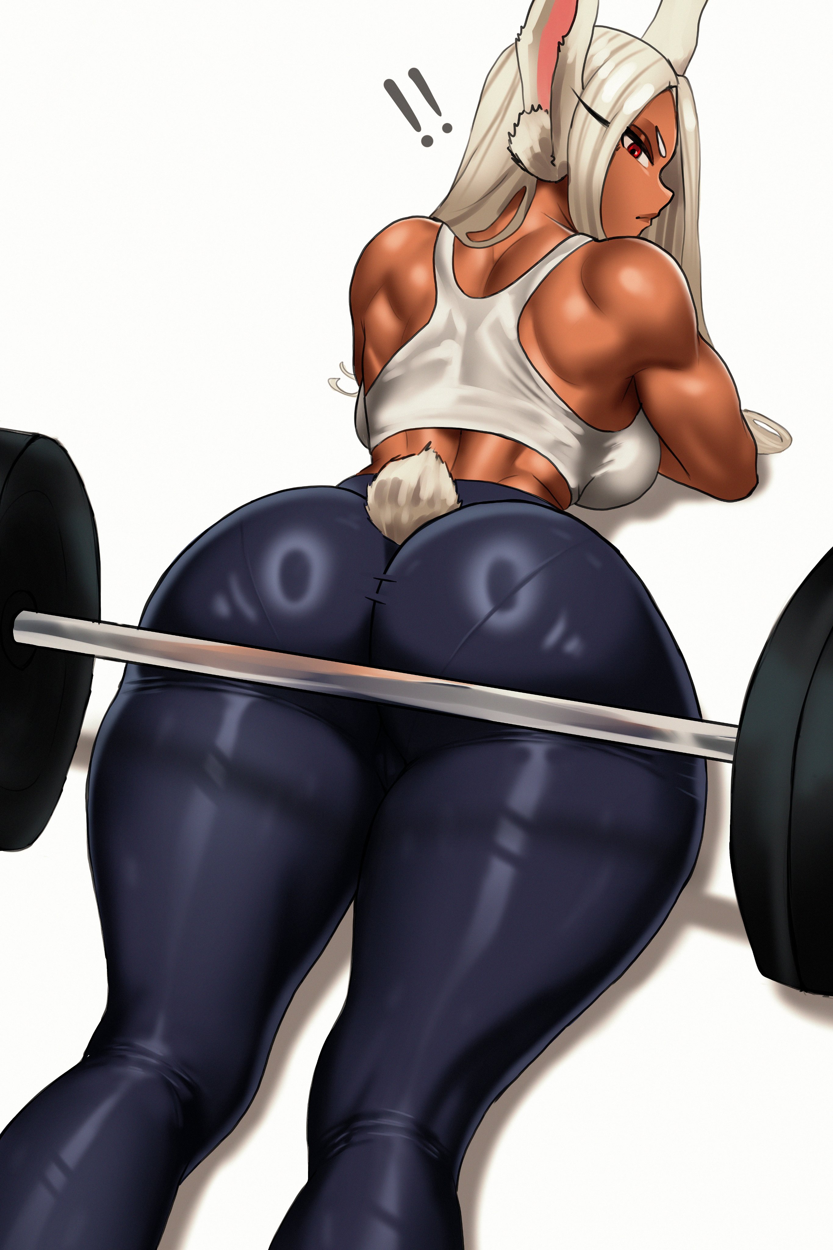 !, !!, 1girls, absurdres, animal ears, ass, back, bare arms, bare shoulders, black leggings, blue pants, boku no hero academia, border, breasts, clothing cutout, commentary, dark skin, dark-skinned female, female, female only, from behind, fully clothed, hair over shoulder, hand on own hip, highres, holding, holding towel, huge ass, large breasts, leggings, long eyelashes, long hair, looking at viewer, looking back, lying, median furrow, medium breasts, mirko, miruko, my hero academia, on stomach, pants, pantylines, parted bangs, ponytail, rabbit ears, rabbit girl, rabbit tail, red eyes, rumi usagiyama, shadow, shounen jump, simple background, solo, sports bra, steaming body, sweat, tail, tail through clothes, thick thighs, thighs, tight clothes, tight pants, toned, toned female, towel, weights, white border, white hair, white sports bra, witlessfrawn, yoga pants