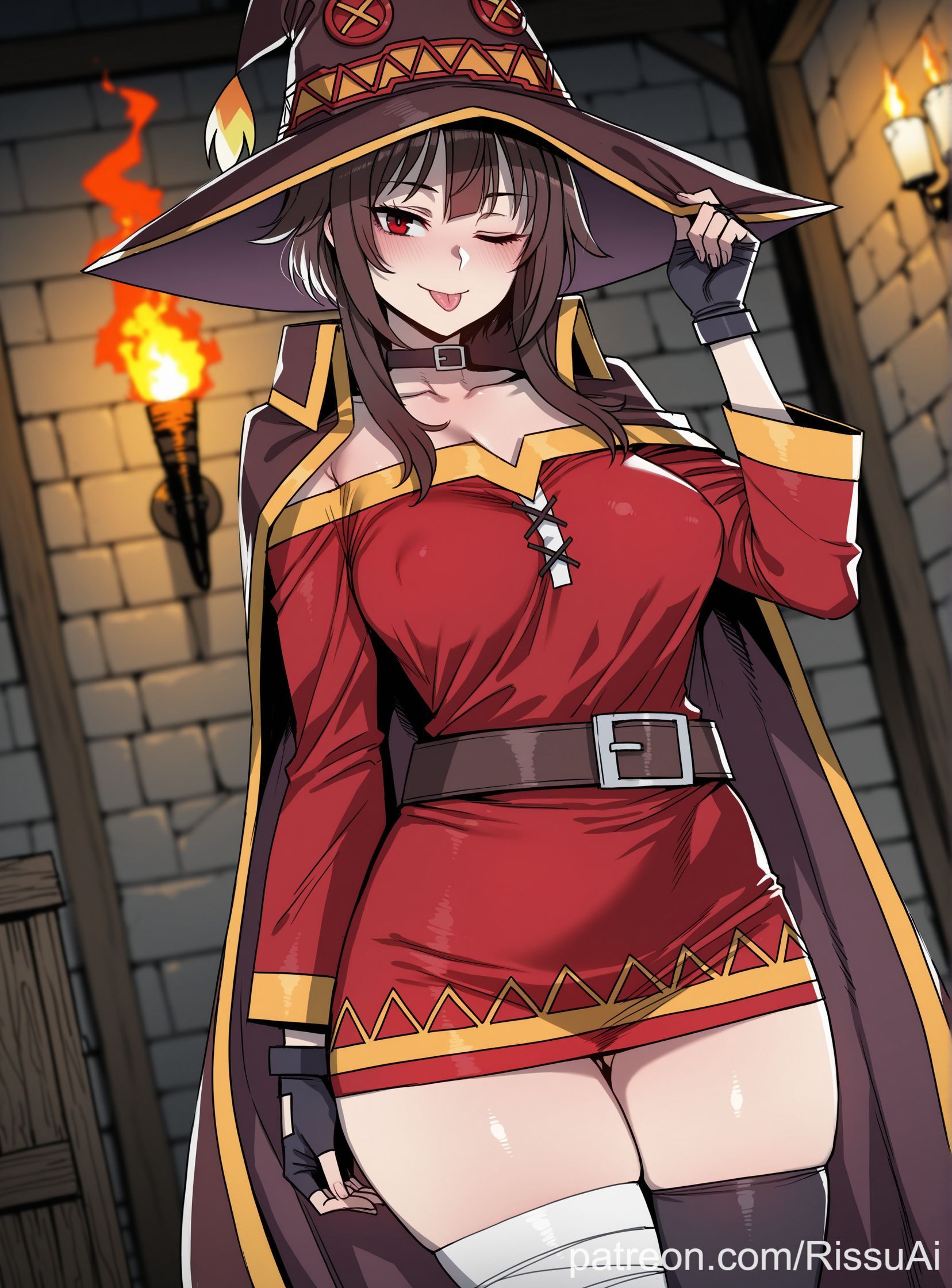 1girls, 2026, ai generated, asymmetrical legwear, belt, big ass, big breasts, brick wall, brown hair, cape, choker, cute, cute face, cute female, dungeon, female, female only, gloves, hand on hat, horny, horny female, in heat, indoors, inside, kono subarashii sekai ni shukufuku wo!, konosuba, legwear, looking at viewer, medium hair, megumin, patreon, perfect body, red dress, red eyes, rissuai, sexy, sexy body, tongue out, torch, wink, winking at viewer, witch hat