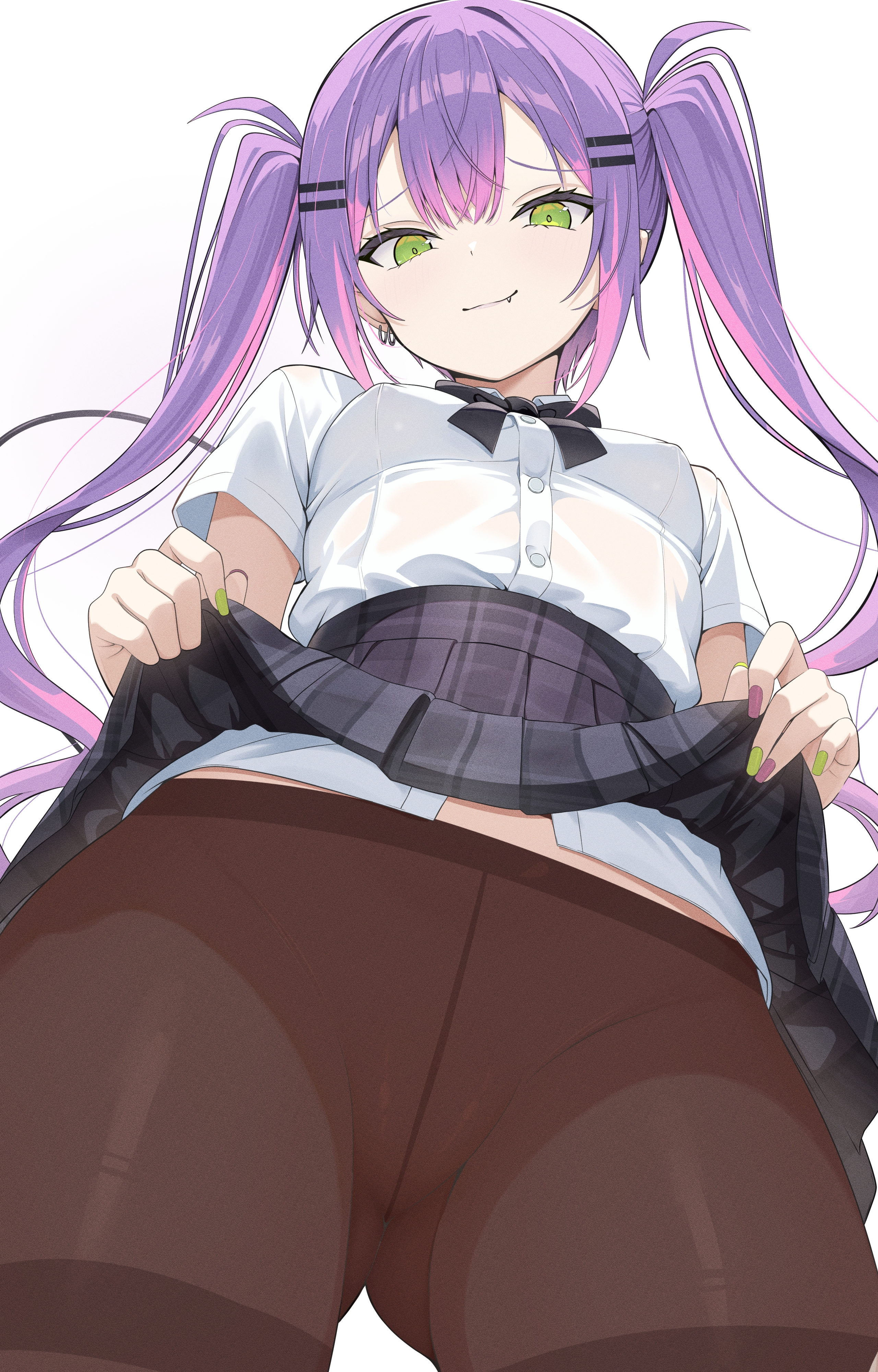 absurdres, alternate costume, black bow, black bowtie, black pantyhose, black skirt, bow, bowtie, breasts, closed mouth, clothes lift, collared shirt, colored inner hair, commentary request, demon girl, demon tail, double-parted bangs, earrings, female, gluteal fold, gradient hair, green eyes, green nails, hair between eyes, hair ornament, hairclip, high-waist skirt, highres, hololive, jewelry, long hair, looking at viewer, miniskirt, multicolored hair, nail polish, nekonosuke, oerba yun fang, paid reward available, pantyhose, parallel hairclips, pink hair, plaid clothes, plaid skirt, pleated skirt, pointy ears, purple hair, purple nails, shirt, shirt tucked in, short sleeves, simple background, skirt, skirt lift, small breasts, smile, solo, tail, tokoyami towa, twintails, upskirt, virtual youtuber, white background, white shirt